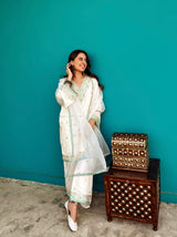 Sania Chadha Banafsha - Ivory White Chanderi Embroidered Suit Set