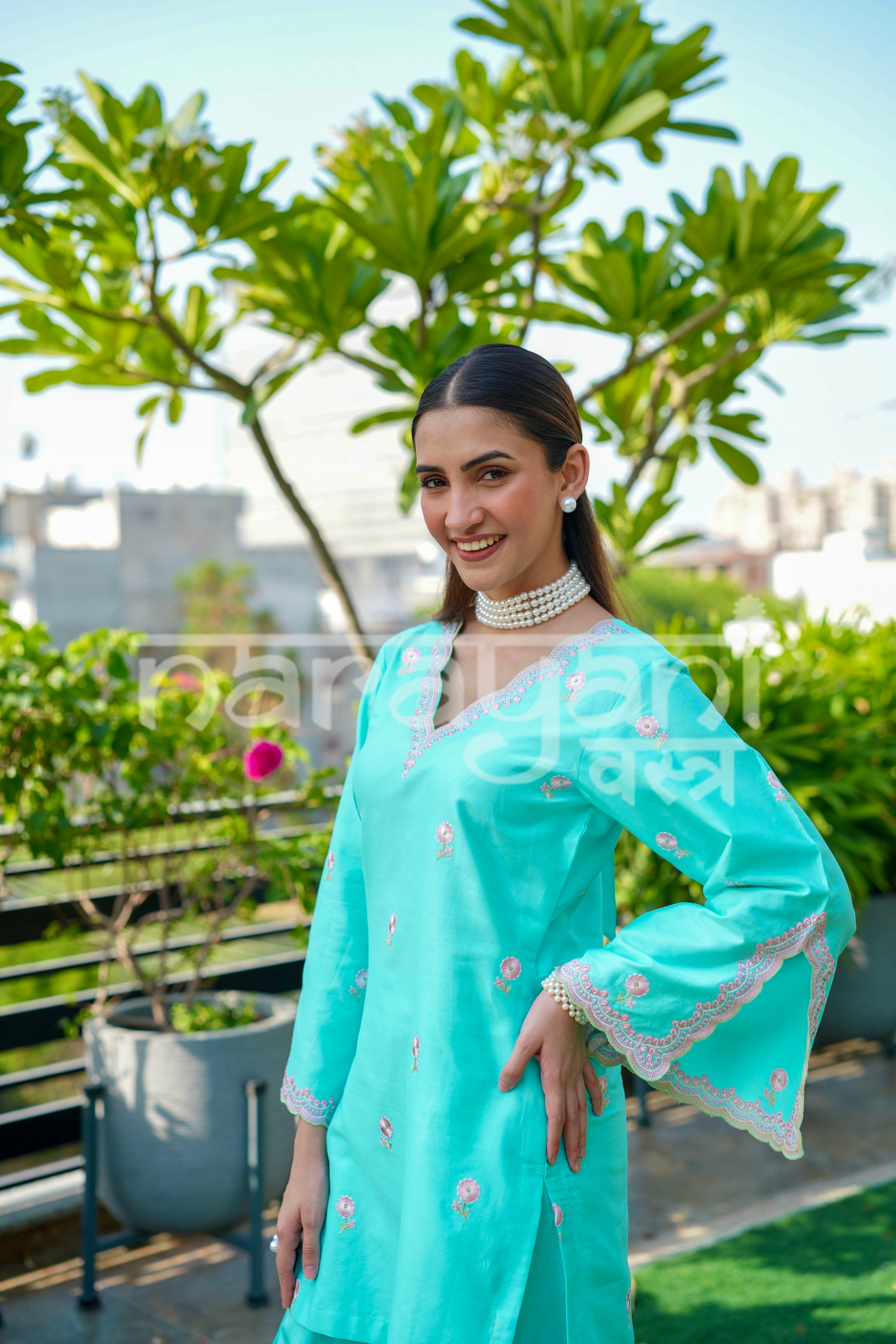 ZYRA - Blue Embroidered Cotton Co-ord Set.