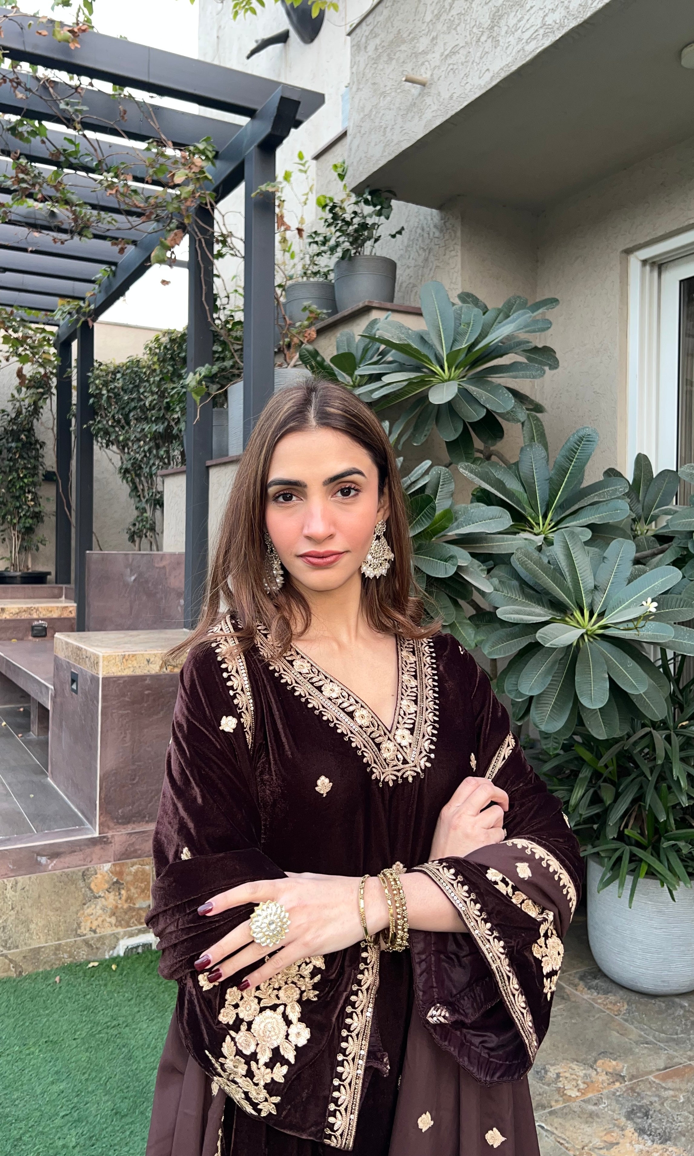 Shreya Lakhani in SWARA - Velvet Brown Straight Suit Set.