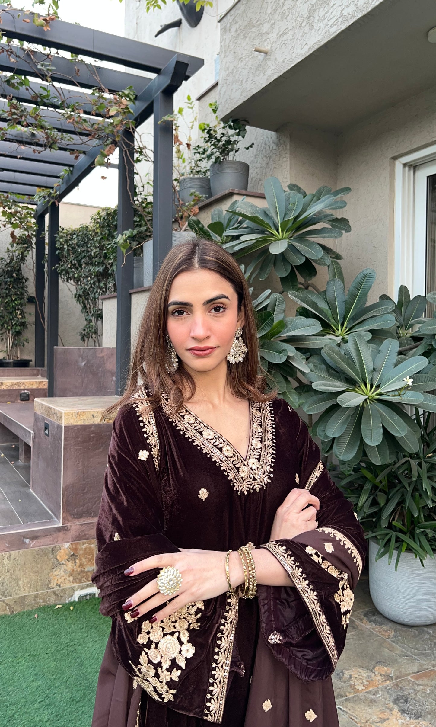 Shreya Lakhani in SWARA - Velvet Brown Straight Suit Set.