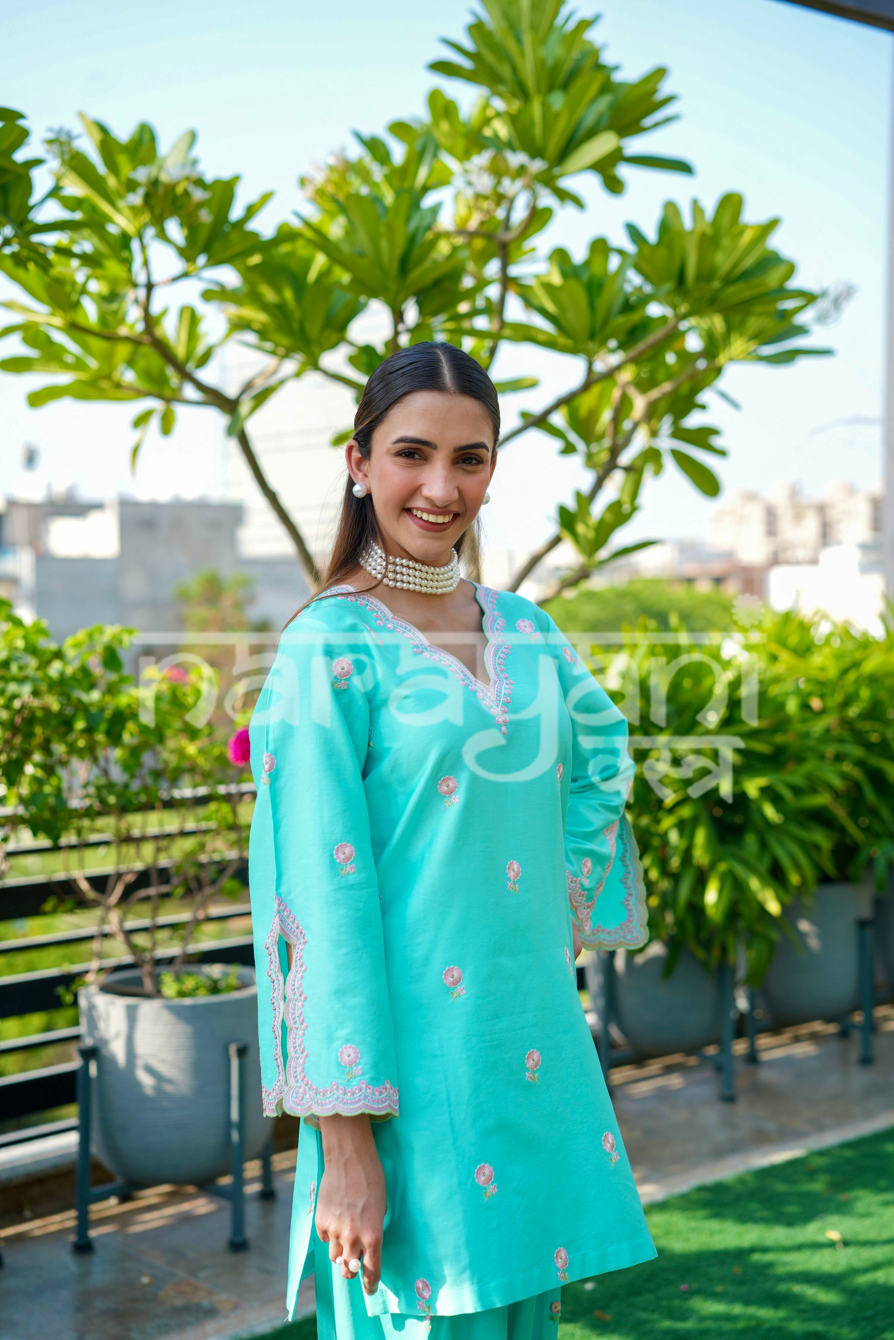 ZYRA - Blue Embroidered Cotton Co-ord Set.