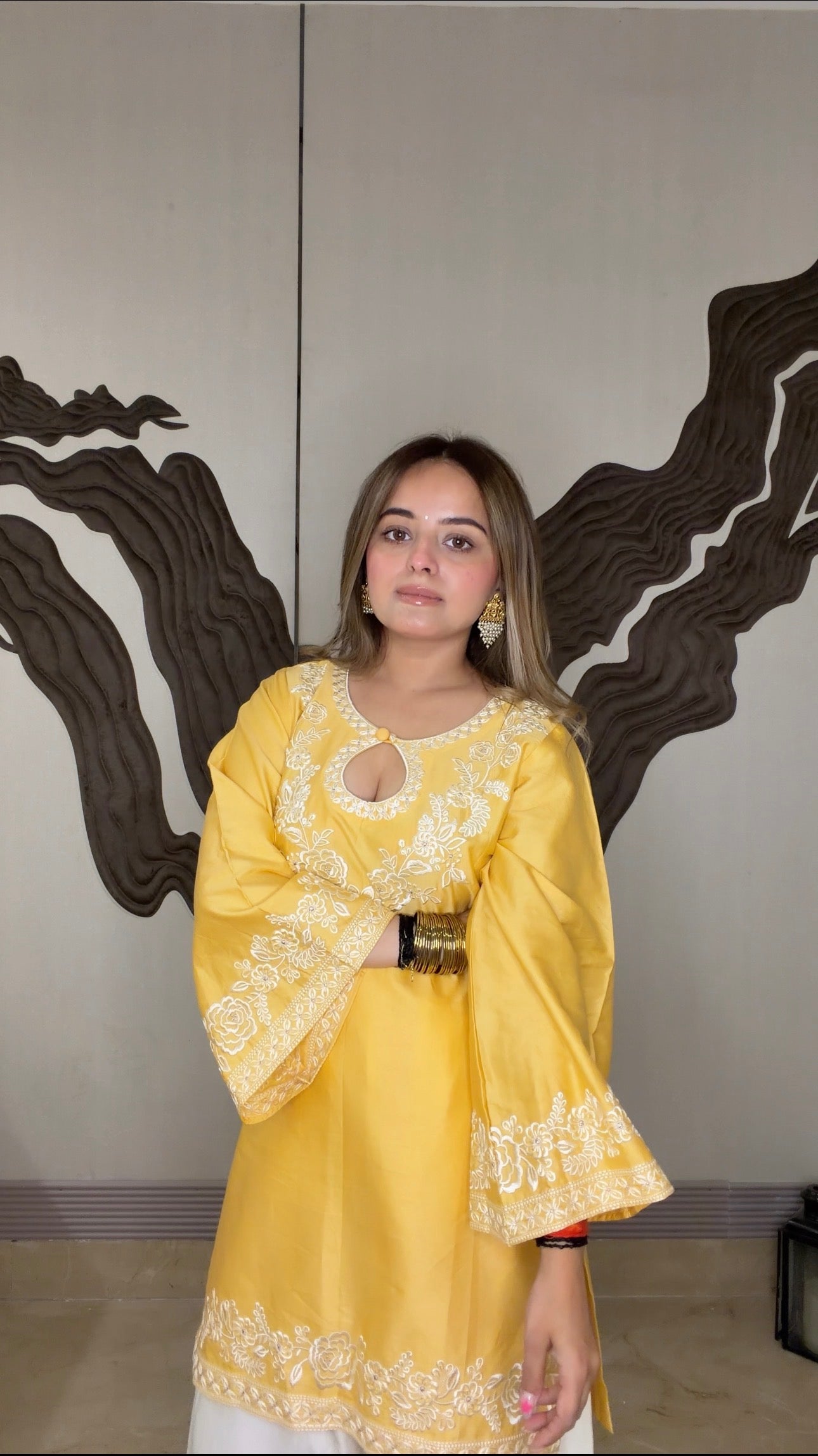 Meera Sachdeva in SORA - Yellow Embroidered Cotton Co-ord Set.