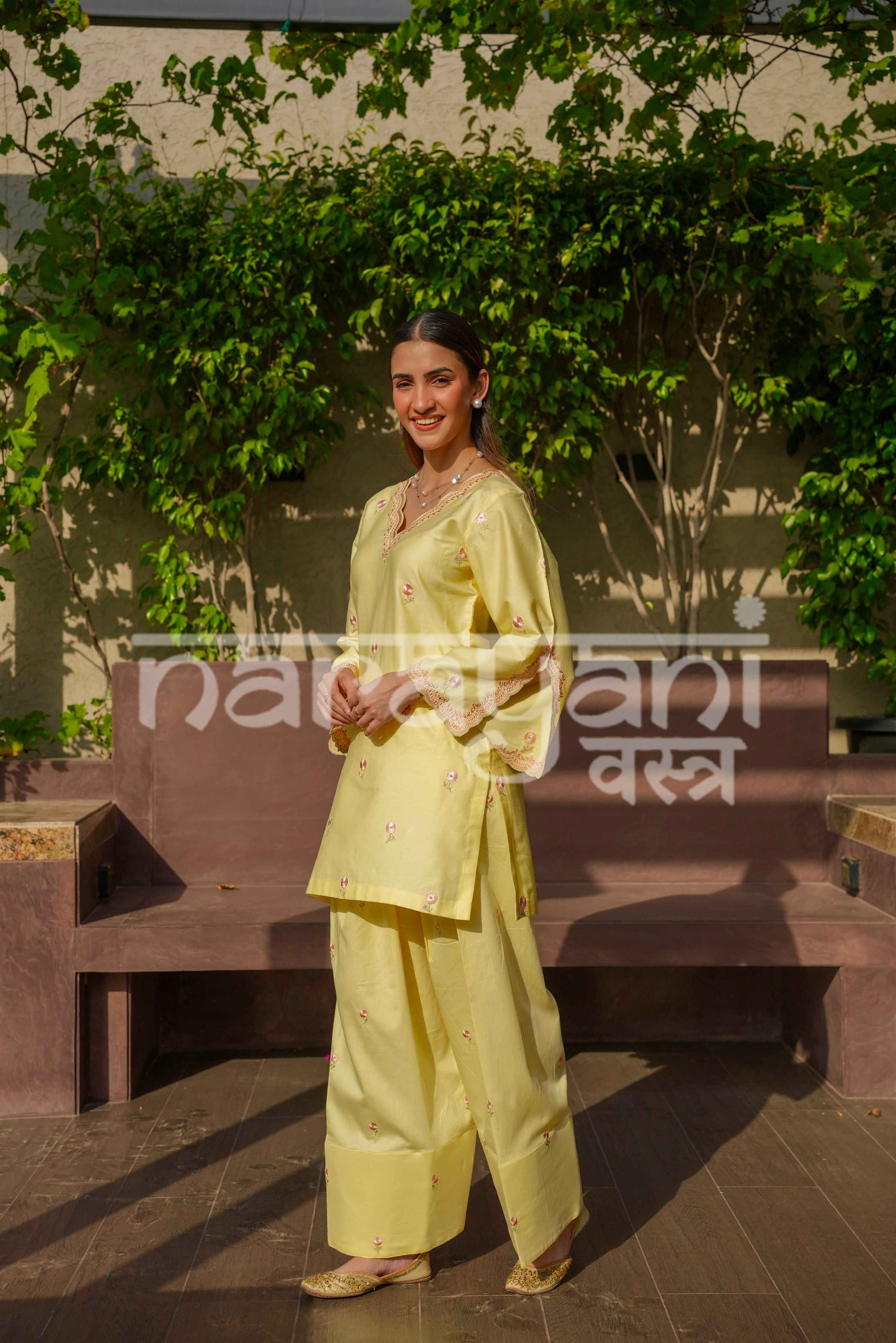 NURI - Yellow Embroidered Cotton Co-ord Set.