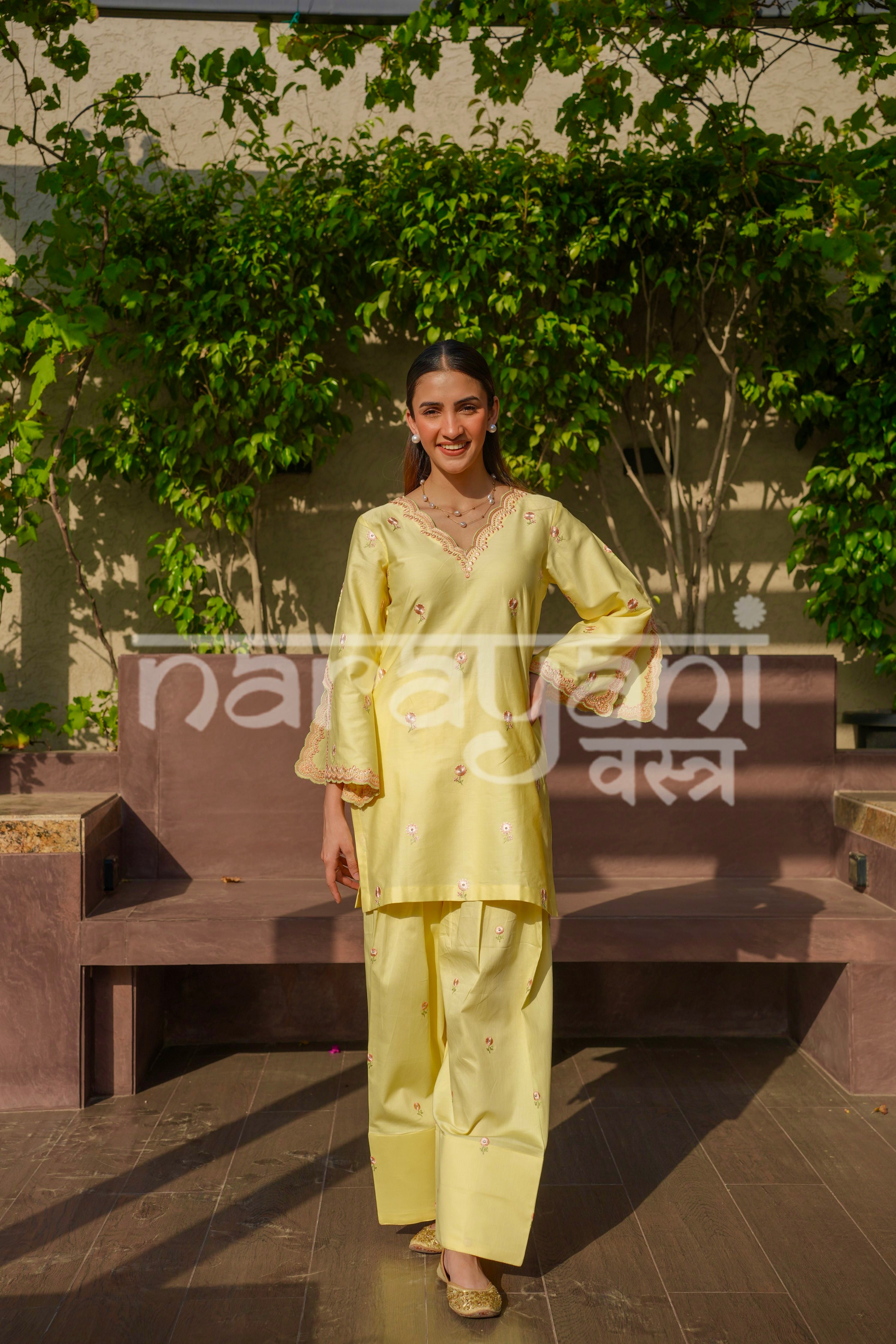 NURI - Yellow Embroidered Cotton Co-ord Set.
