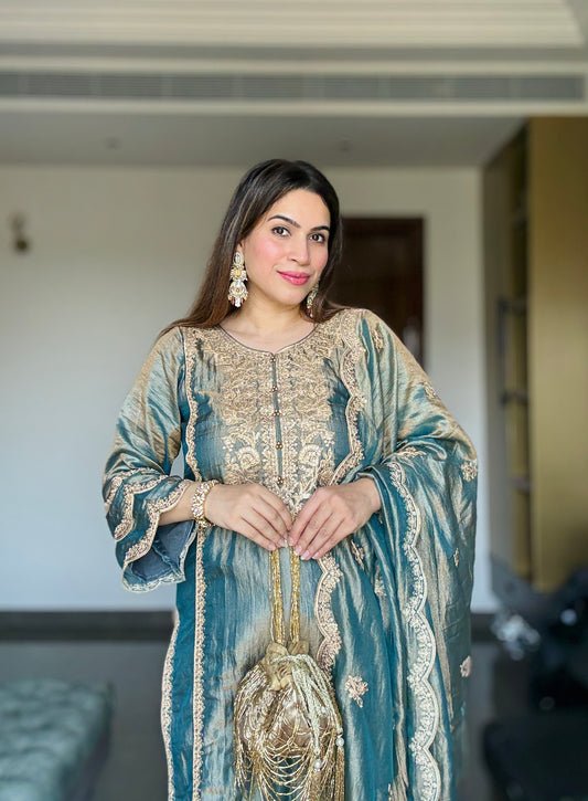 Kanika Khatri in HAYA - Sage Blue Tissue-Organza Suit Set