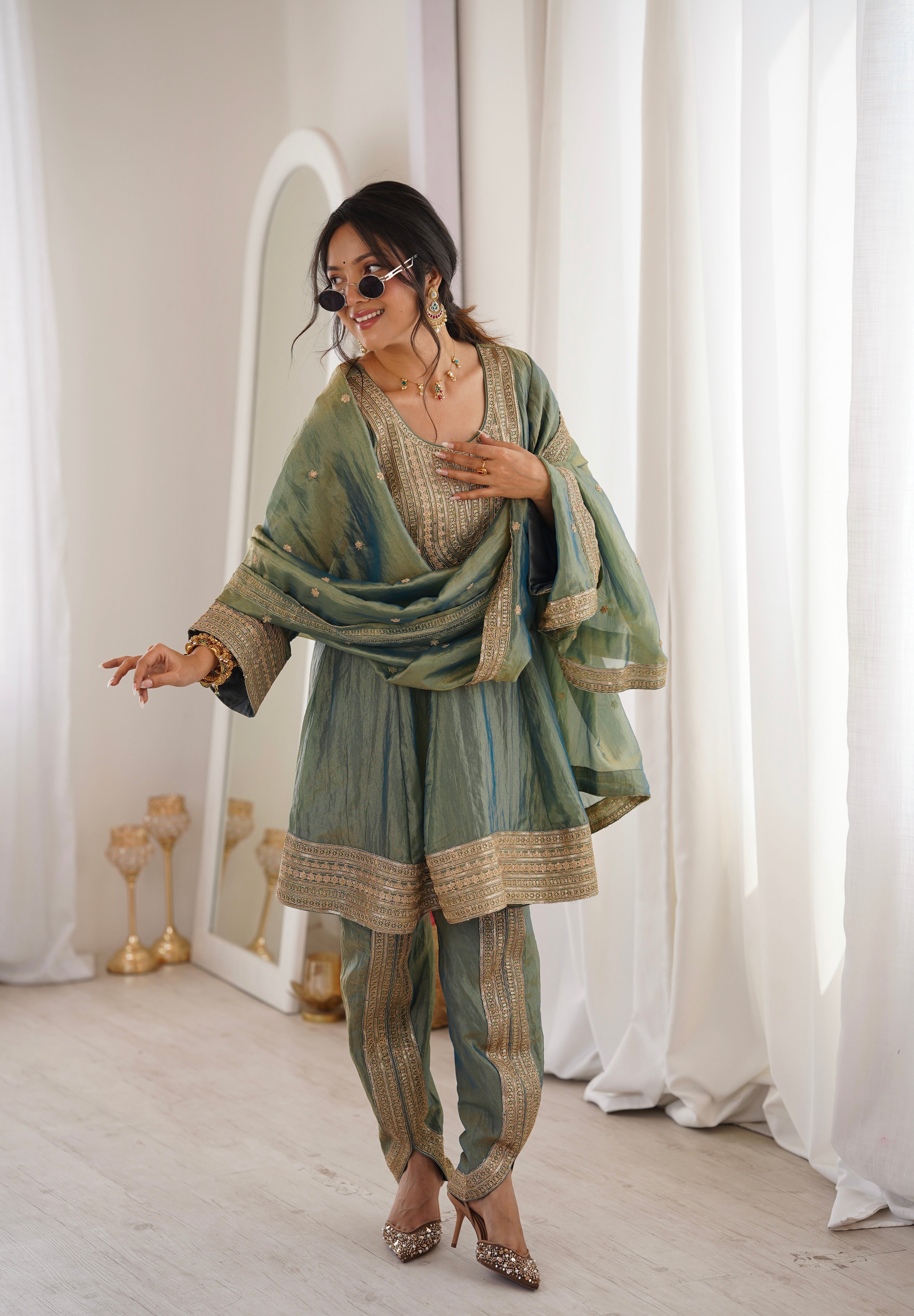 Arti Chauhan in ZIA - Sage Blue Tissue-Organza Anarkali Set.