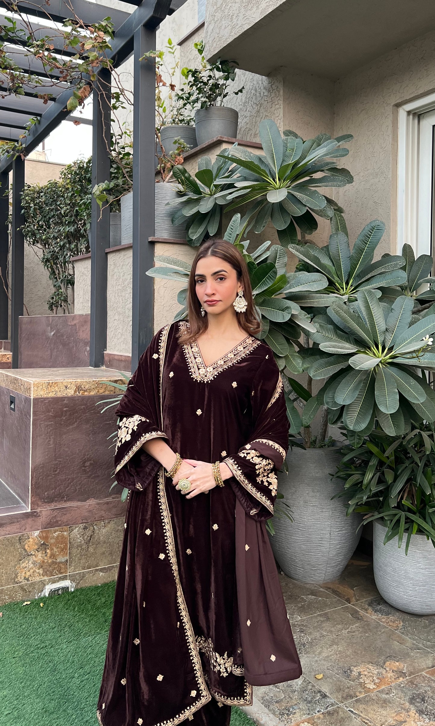 Shreya Lakhani in SWARA - Velvet Brown Straight Suit Set.