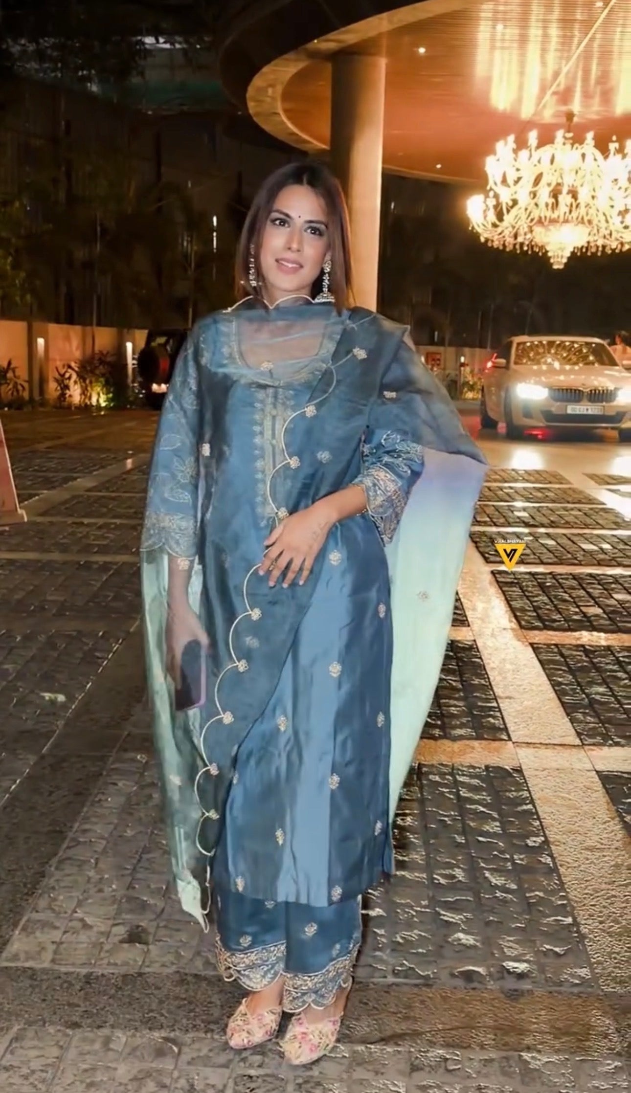 Nia Sharma in FARHIA - Teal Blue Chanderi Suit Set