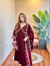Tanya Sharma (@whattanyawore) in ANTARA - Velvet Maroon Anarkali Set