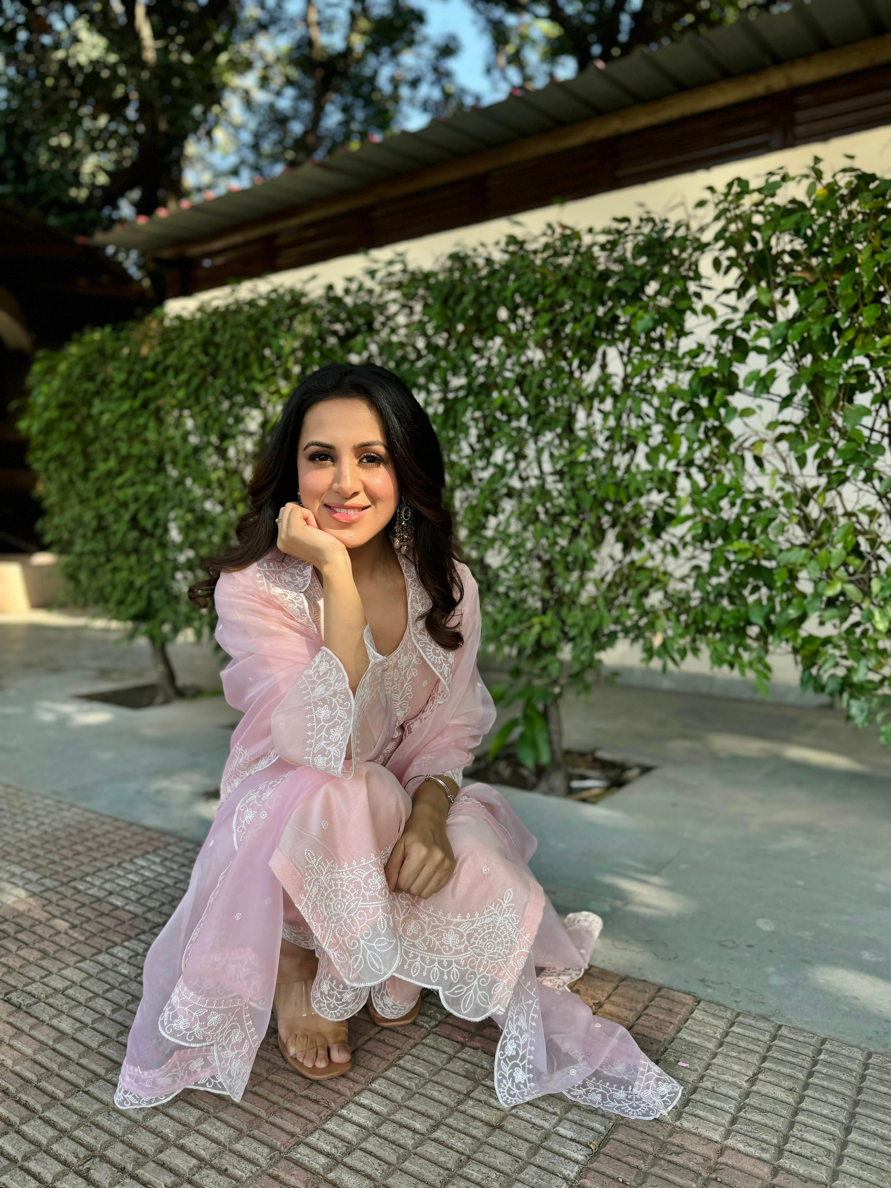 Diksha Juneja in Kamal - Peach Embroidered Suit Set.