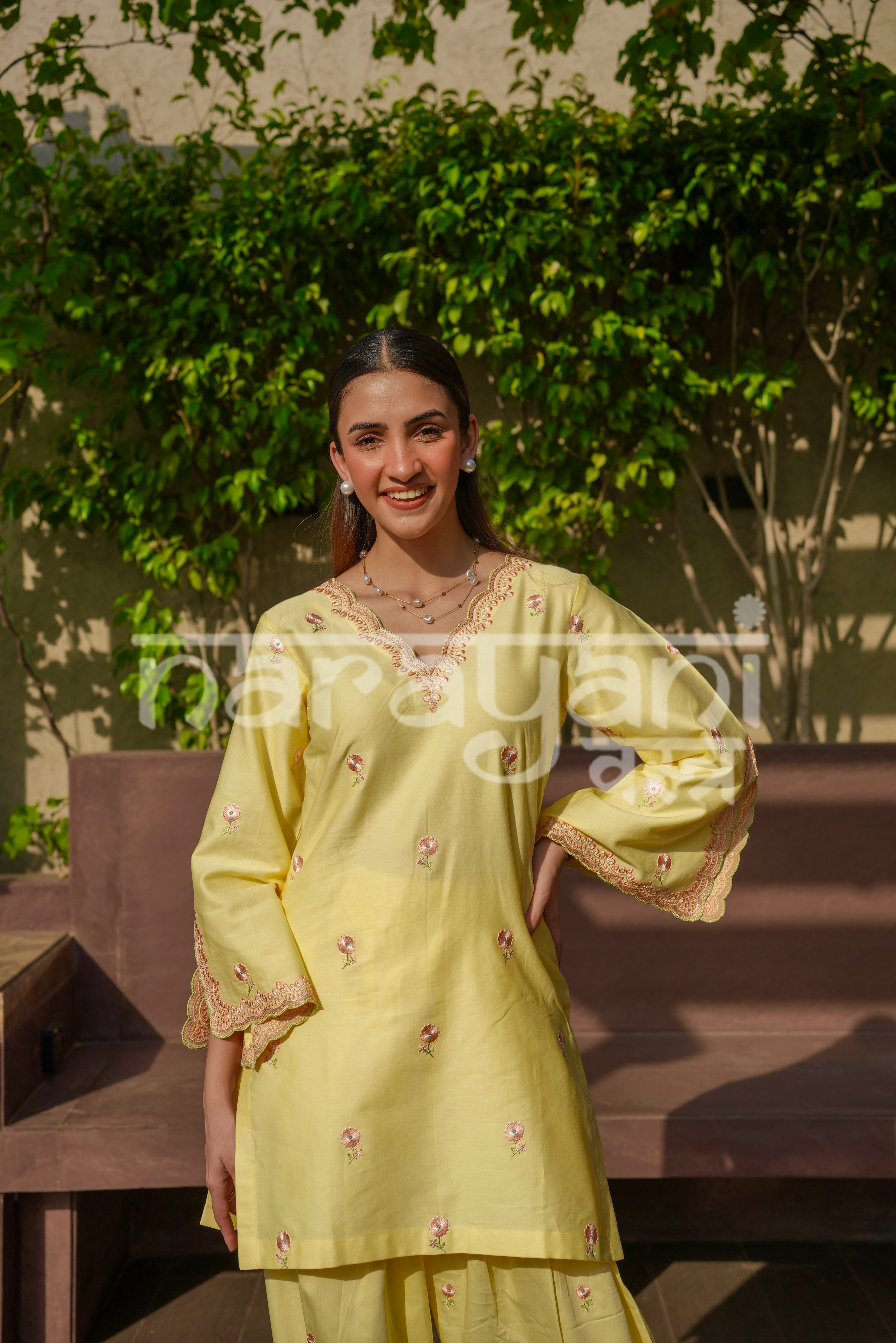 NURI - Yellow Embroidered Cotton Co-ord Set.