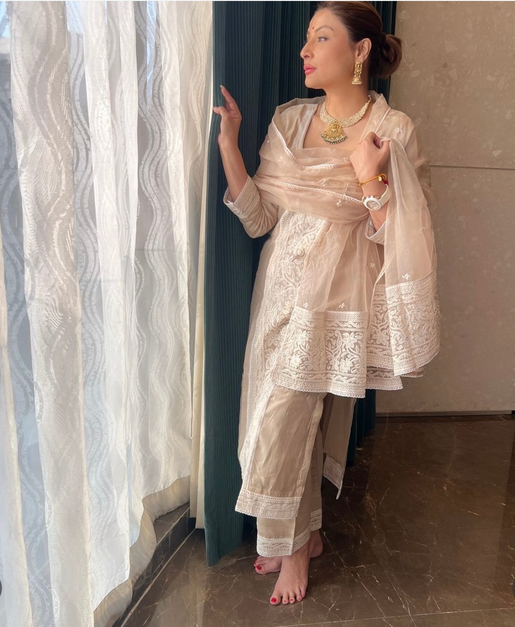 Urvashi Dholakia in Hazel Beige Chanderi Suit Set