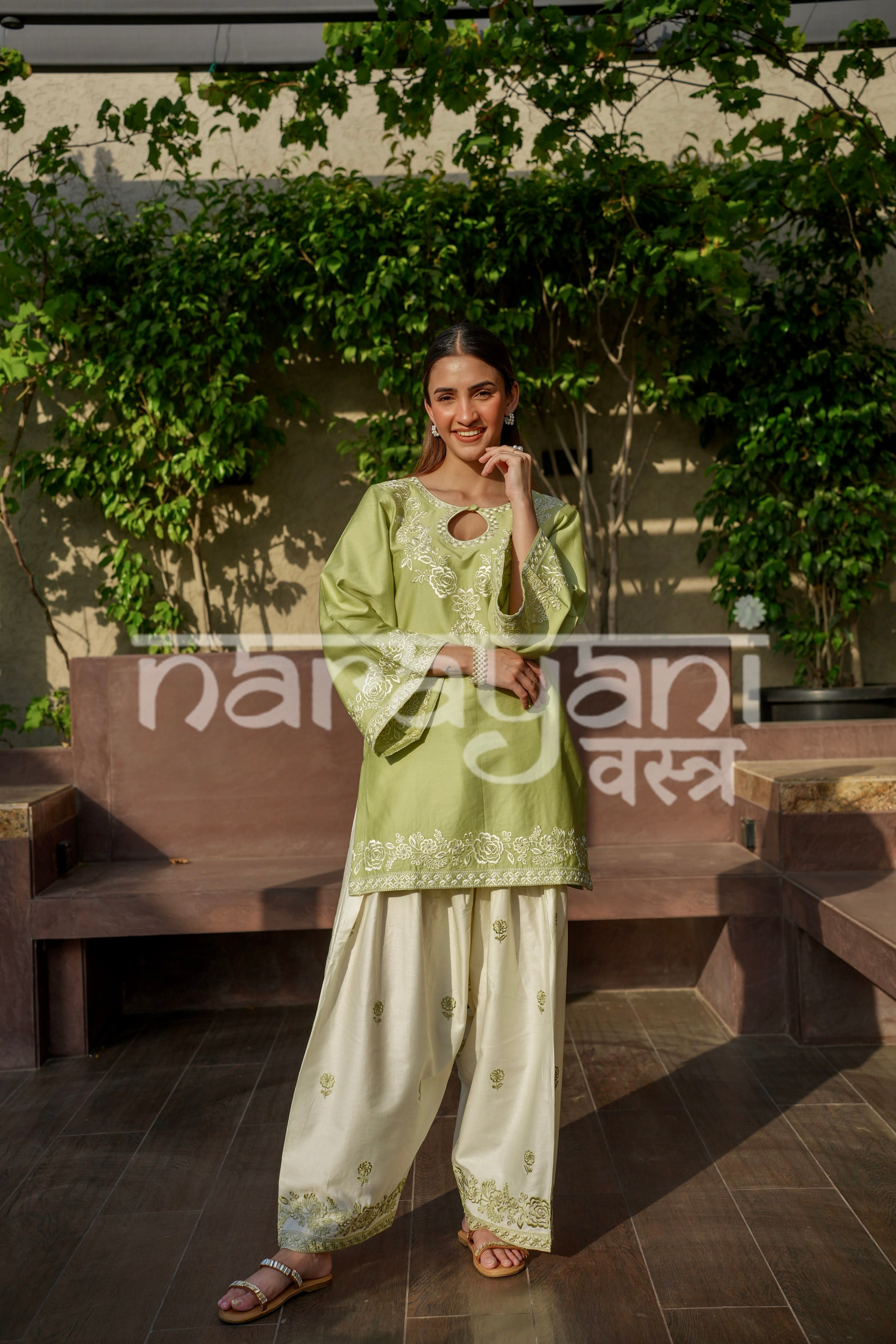 VEYA - Green Embroidered Cotton Co-ord Set.