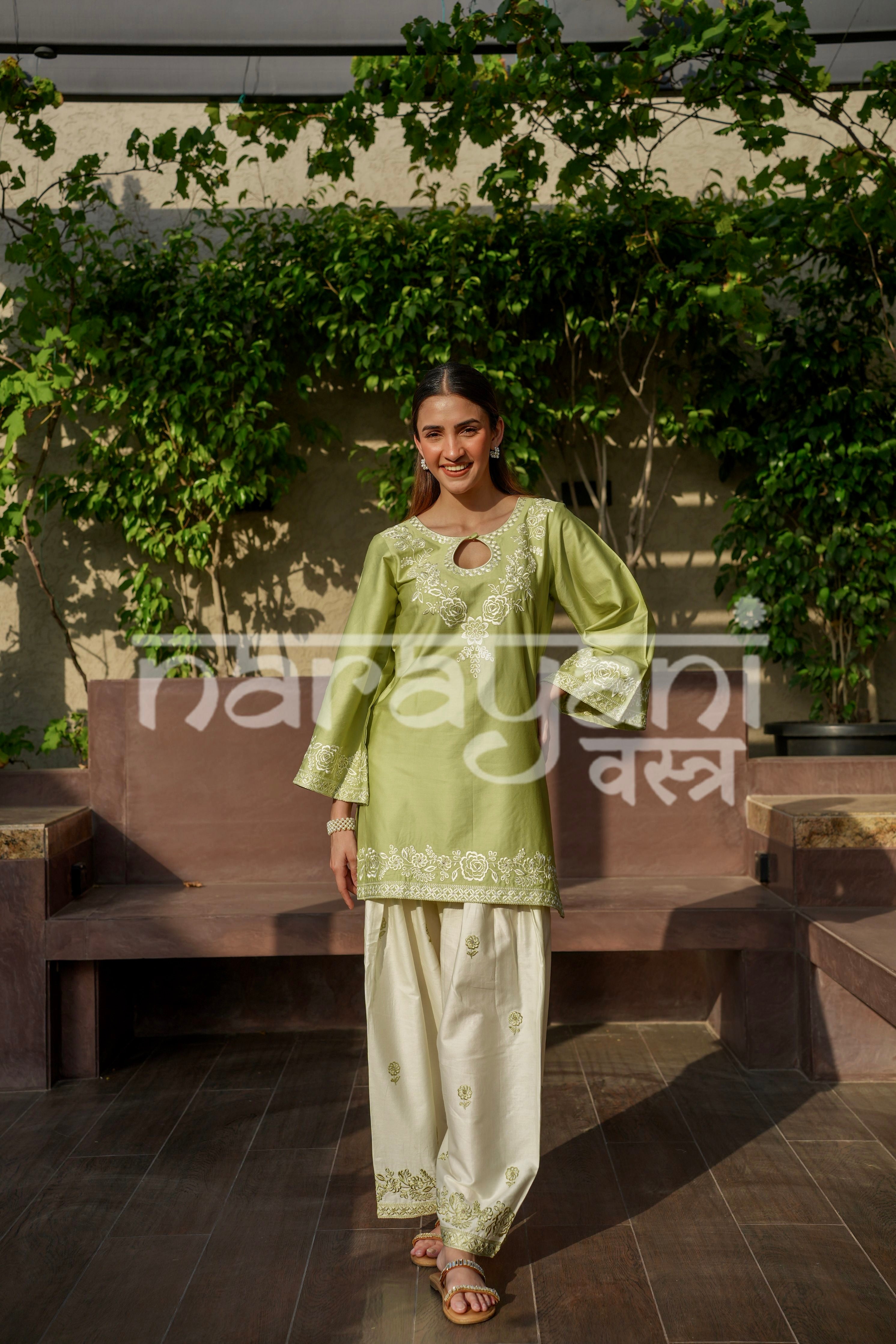 VEYA - Green Embroidered Cotton Co-ord Set.