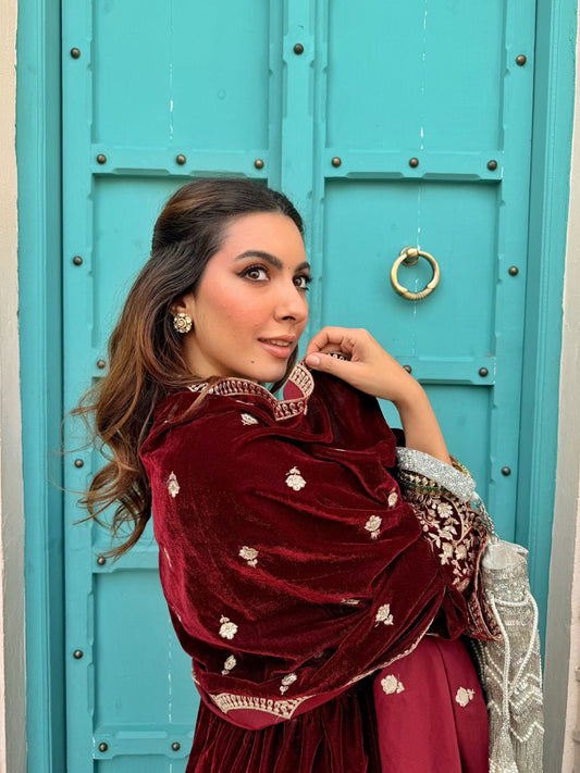 Niki Mehra (@nikimehra) ANTARA - Velvet Maroon Anarkali Set