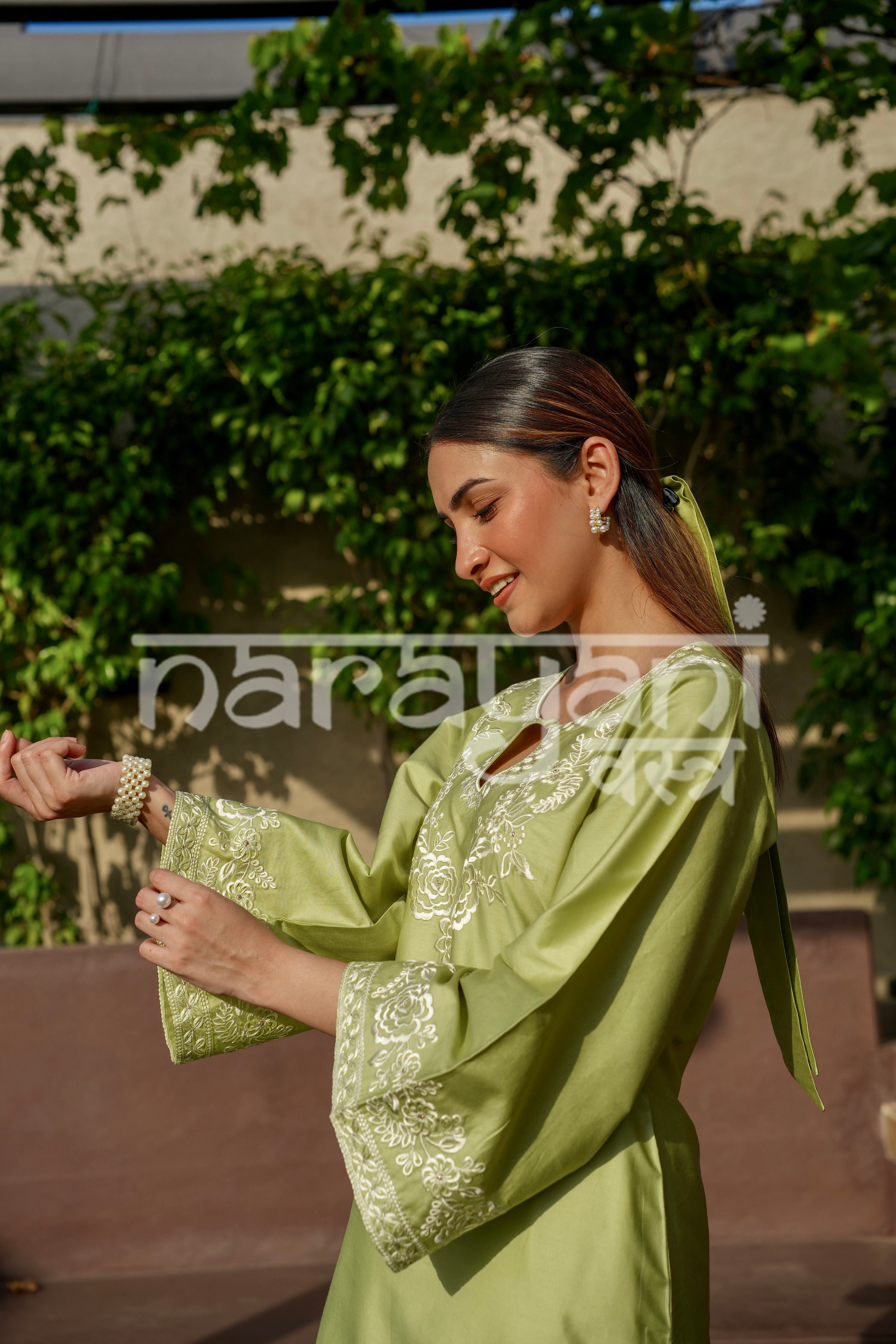 VEYA - Green Embroidered Cotton Co-ord Set.