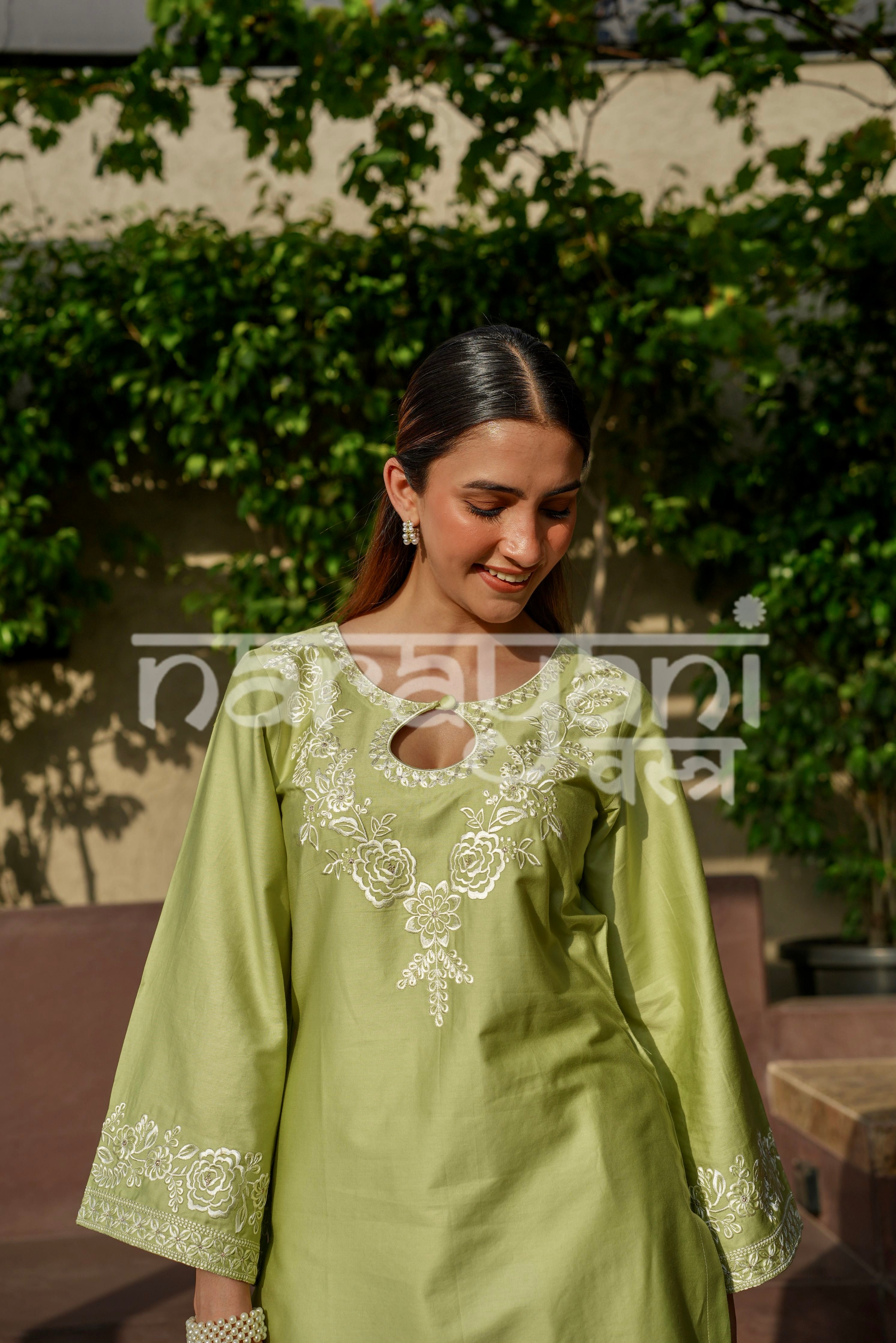 VEYA - Green Embroidered Cotton Co-ord Set.