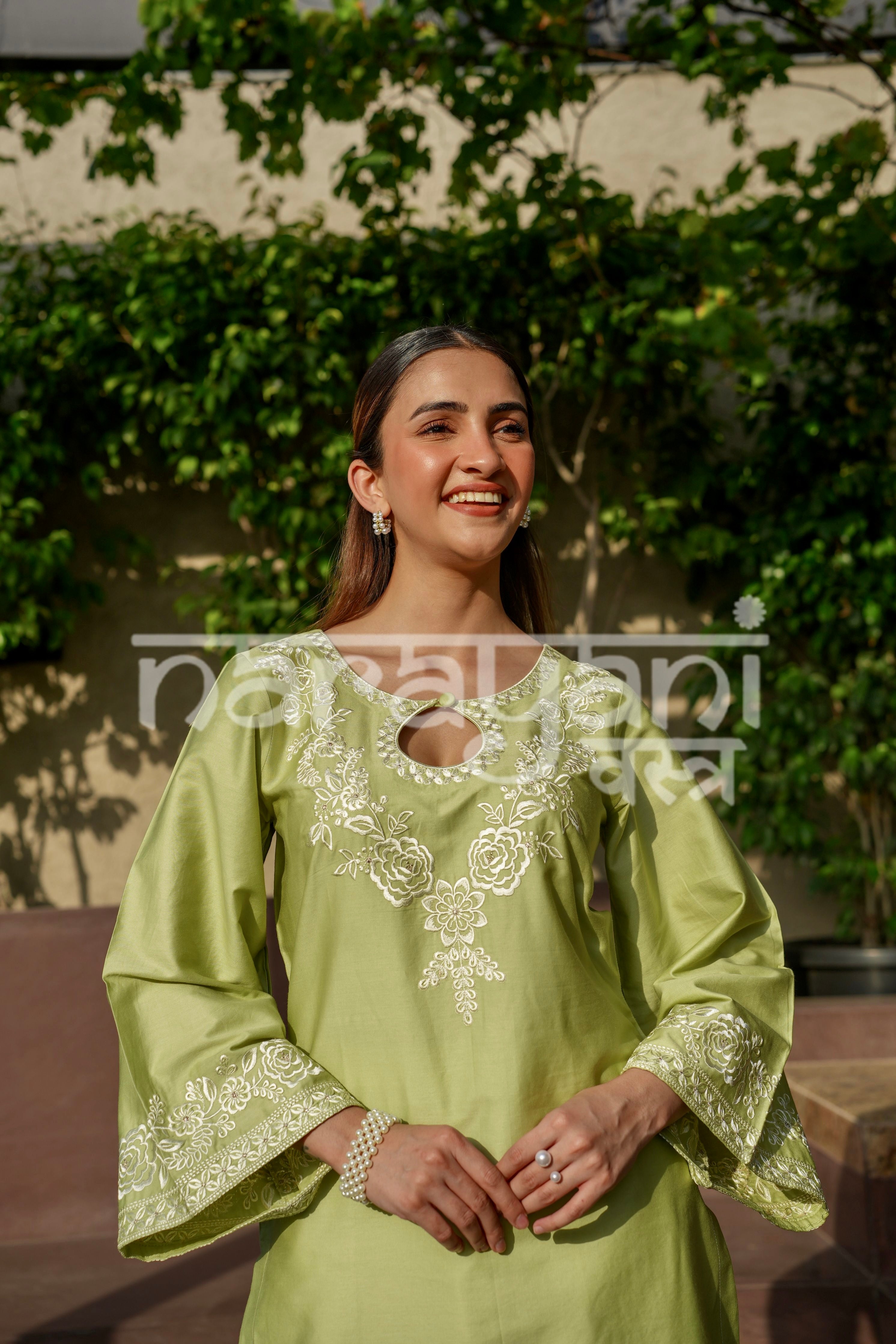 VEYA - Green Embroidered Cotton Co-ord Set.