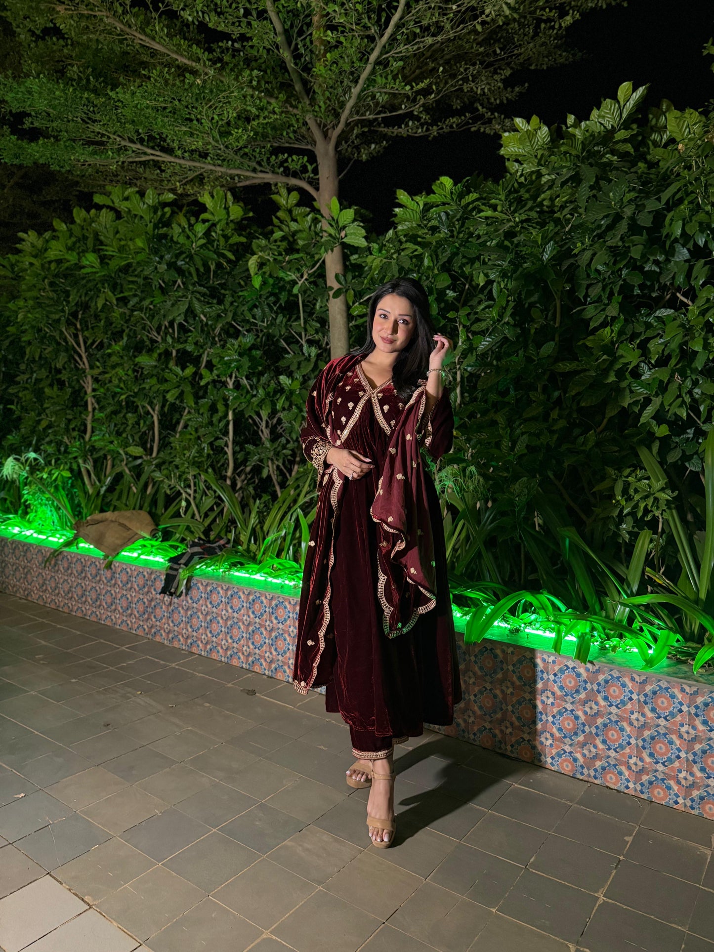 Shefali Bagga in ANTARA - Velvet Maroon Anarkali Set