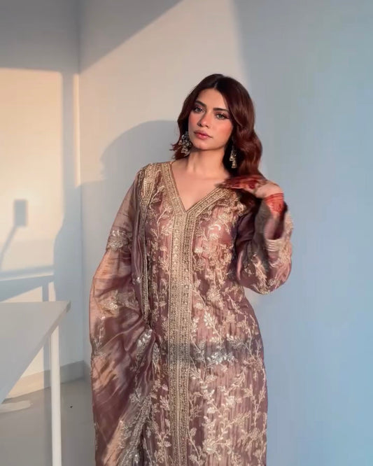 Nagma Mirajkar in RAINA - Antique Mauve Tissue-Organza Suit Set