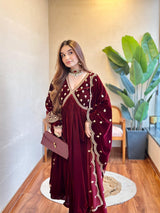 Tanya Sharma (@whattanyawore) in ANTARA - Velvet Maroon Anarkali Set
