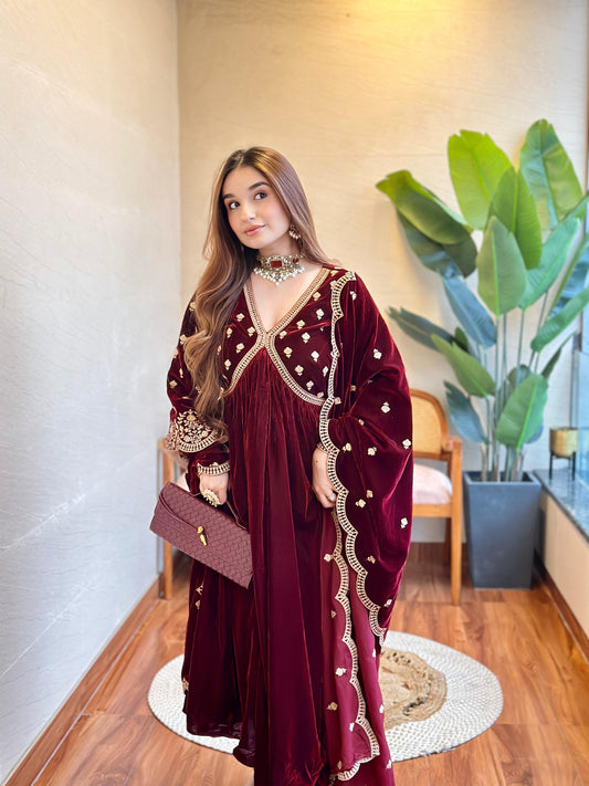 Tanya Sharma (@whattanyawore) in ANTARA - Velvet Maroon Anarkali Set