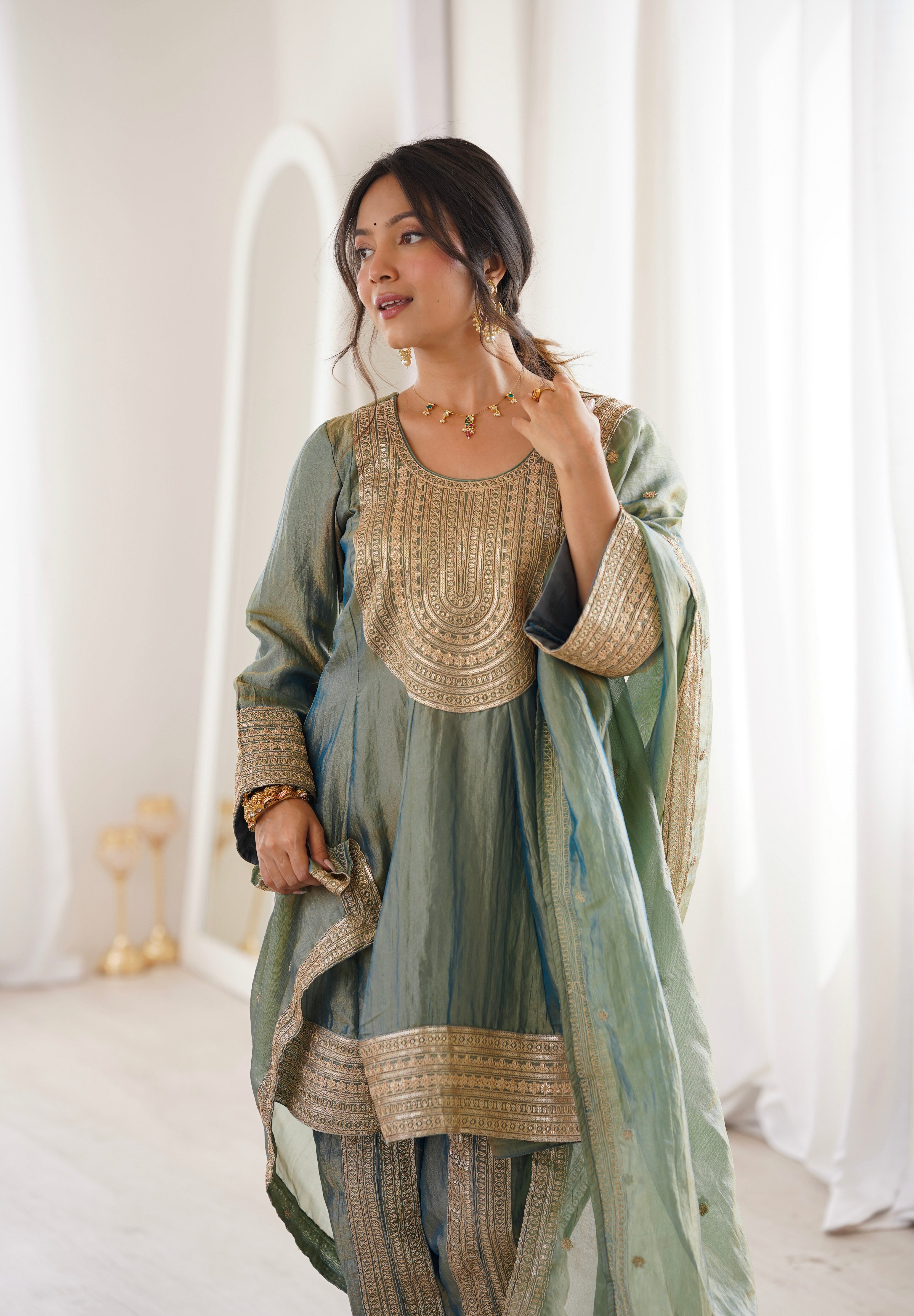 Arti Chauhan in ZIA - Sage Blue Tissue-Organza Anarkali Set.