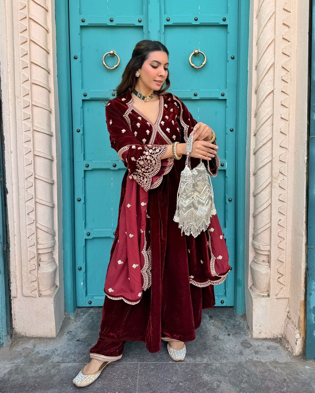 Niki Mehra (@nikimehra) ANTARA - Velvet Maroon Anarkali Set