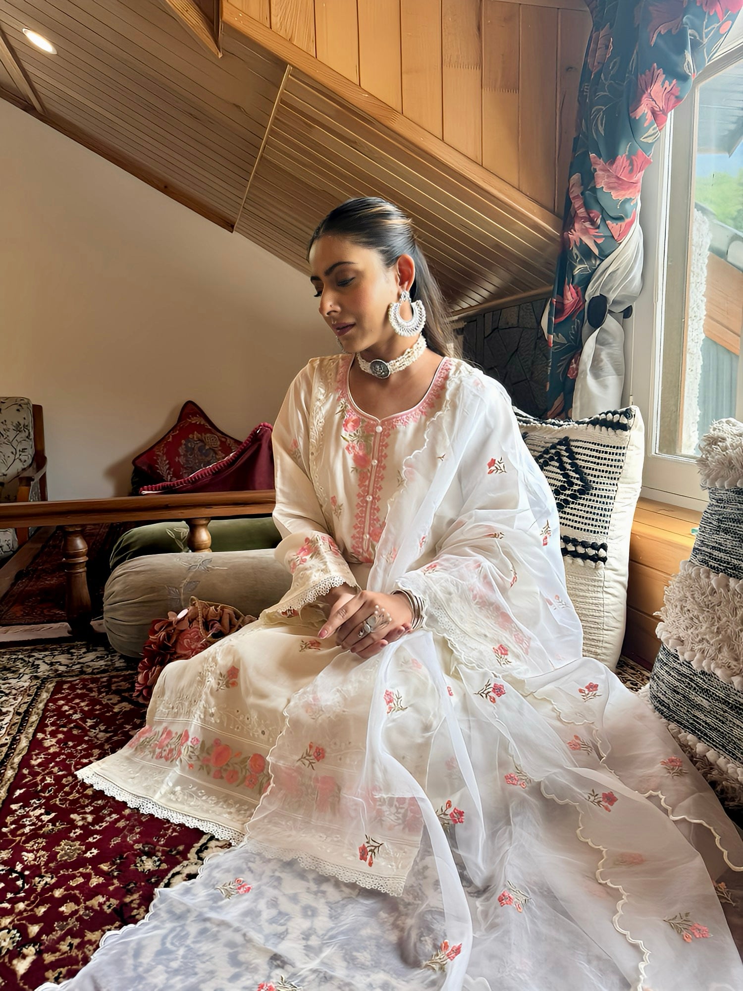 Shivangini Singh Rathore in Nalini - Ivory White Chanderi Embroidered Suit Set.