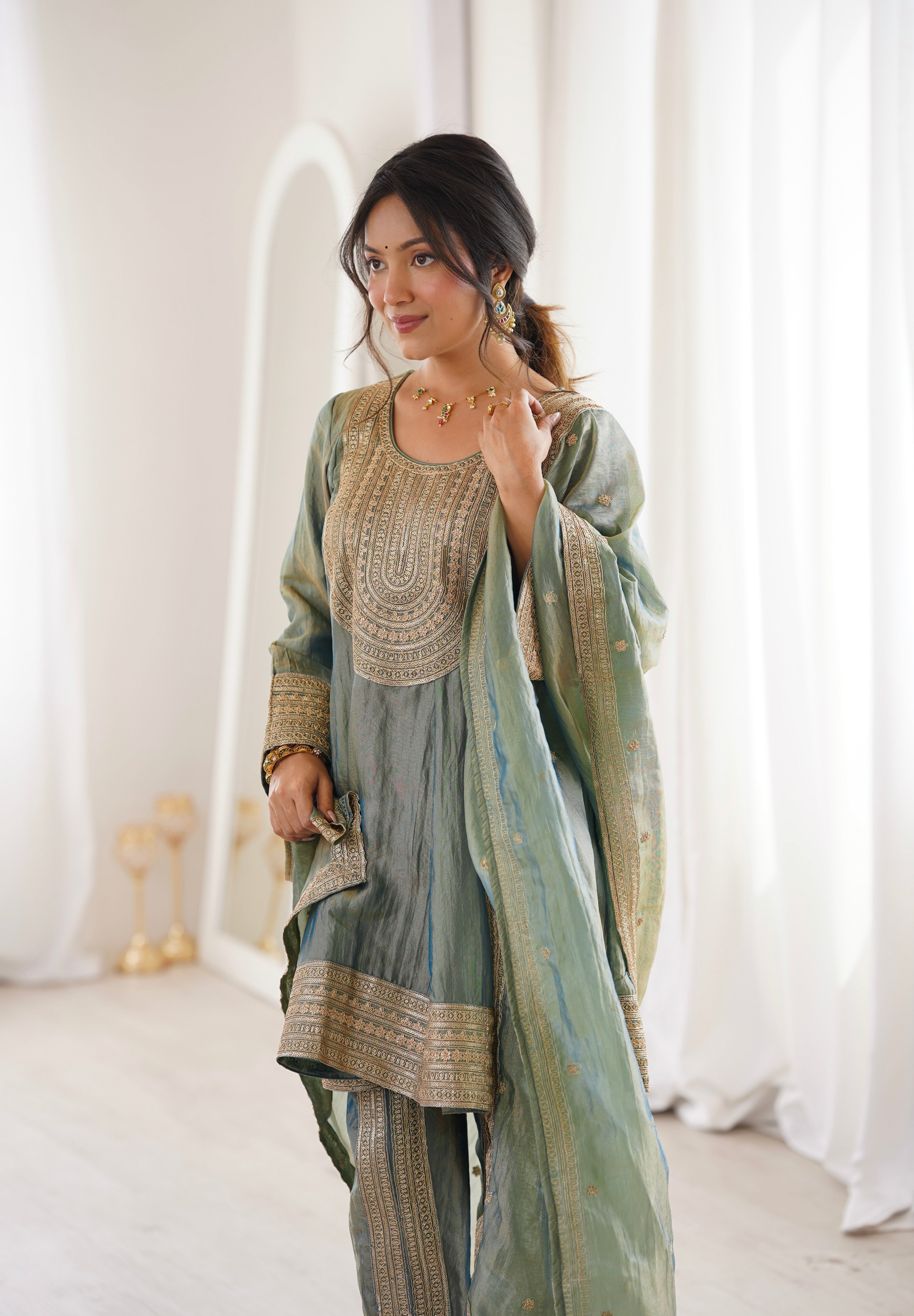 Arti Chauhan in ZIA - Sage Blue Tissue-Organza Anarkali Set.
