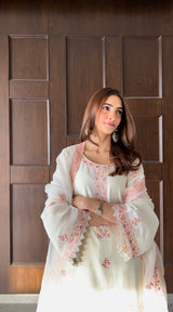 Shreya Lakhani in Gul-Khera - Ivory White Chanderi Embroidered Suit Set.