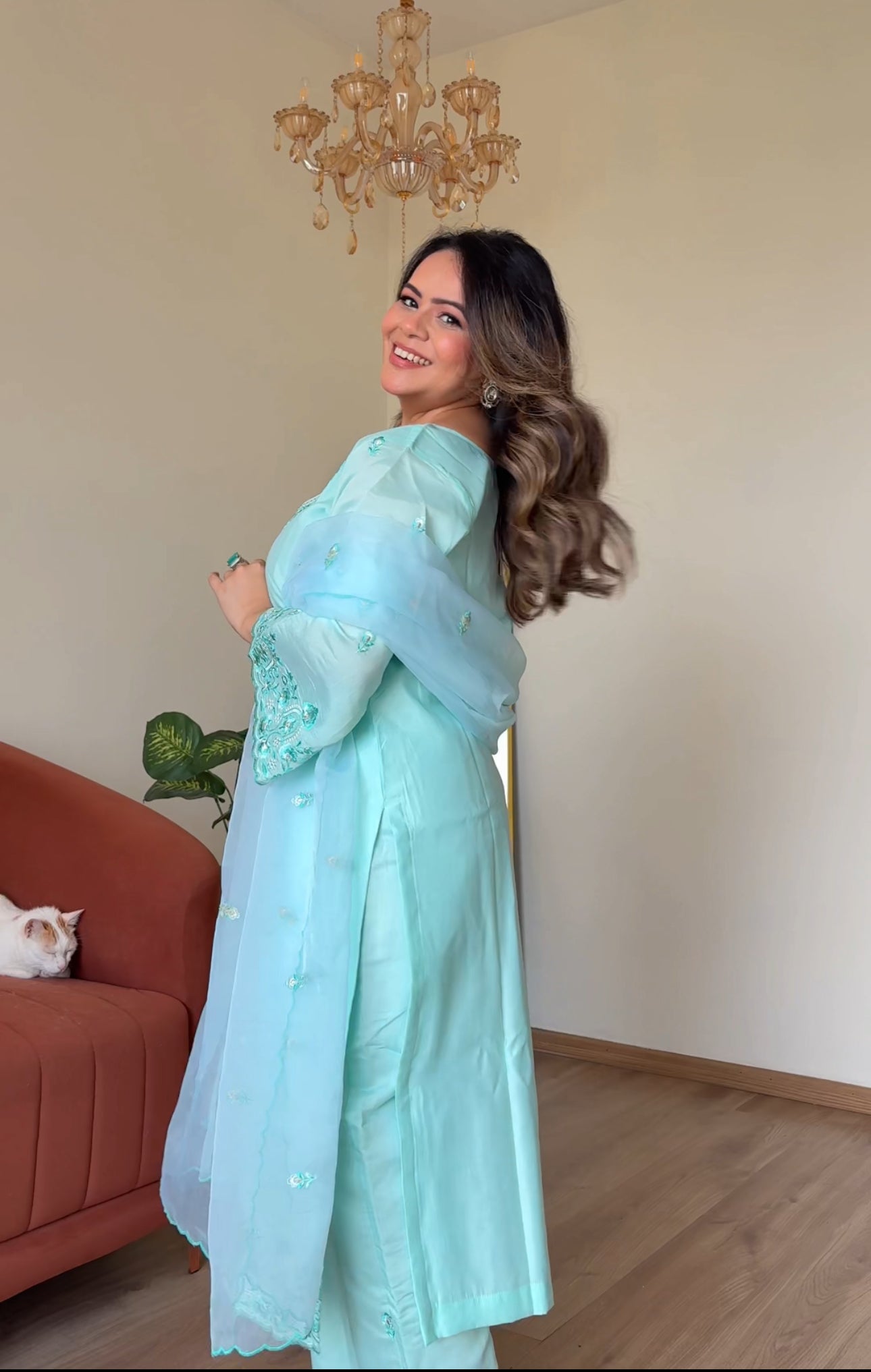 POOJA (@thefashionchauvinst) in ROSHINI - Sea Green Chanderi Suit Set