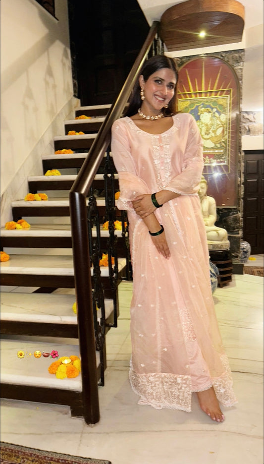 Pranutan Bahl in Nargis - Peach Embroidered Suit Set.