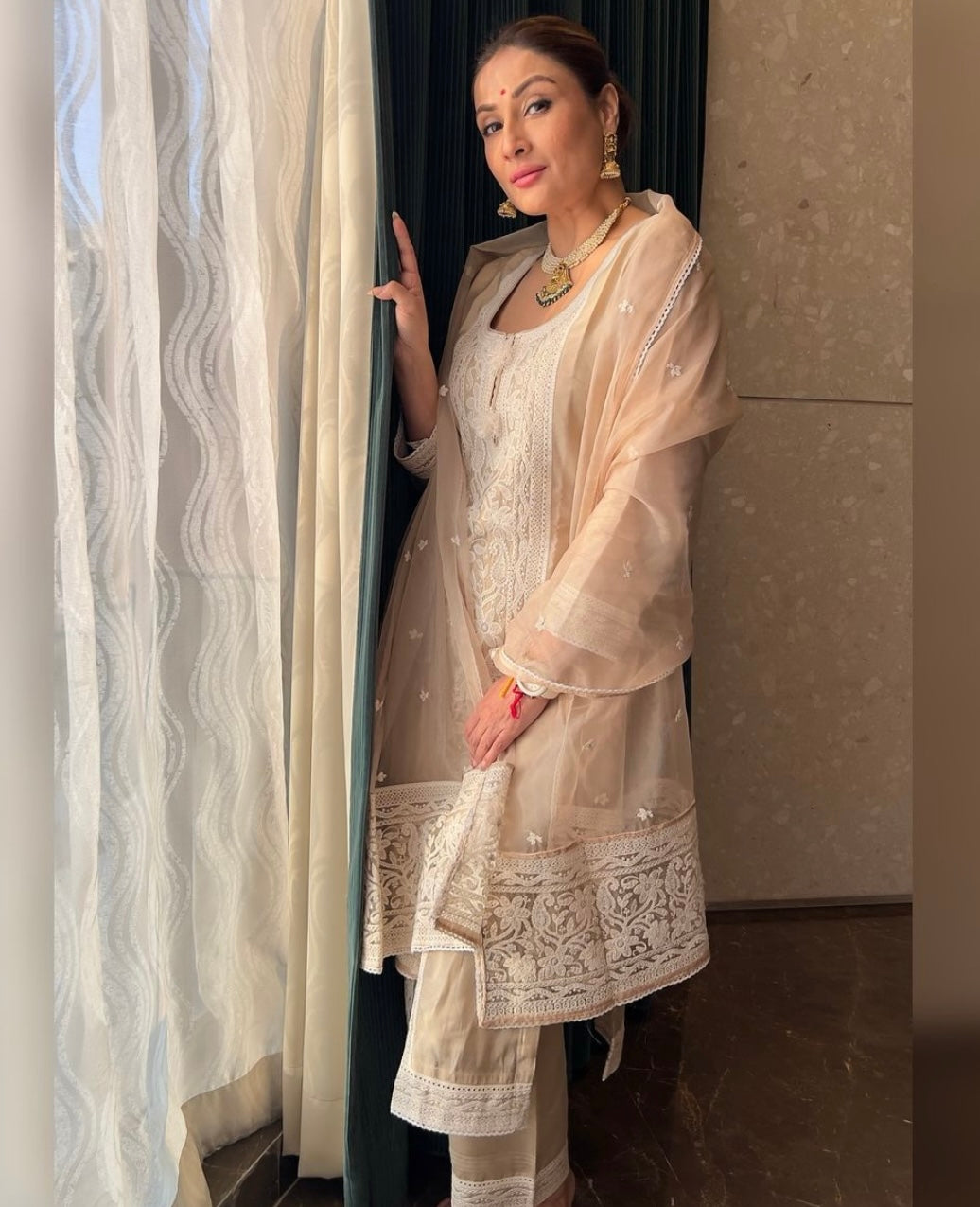 Urvashi Dholakia in Hazel Beige Chanderi Suit Set