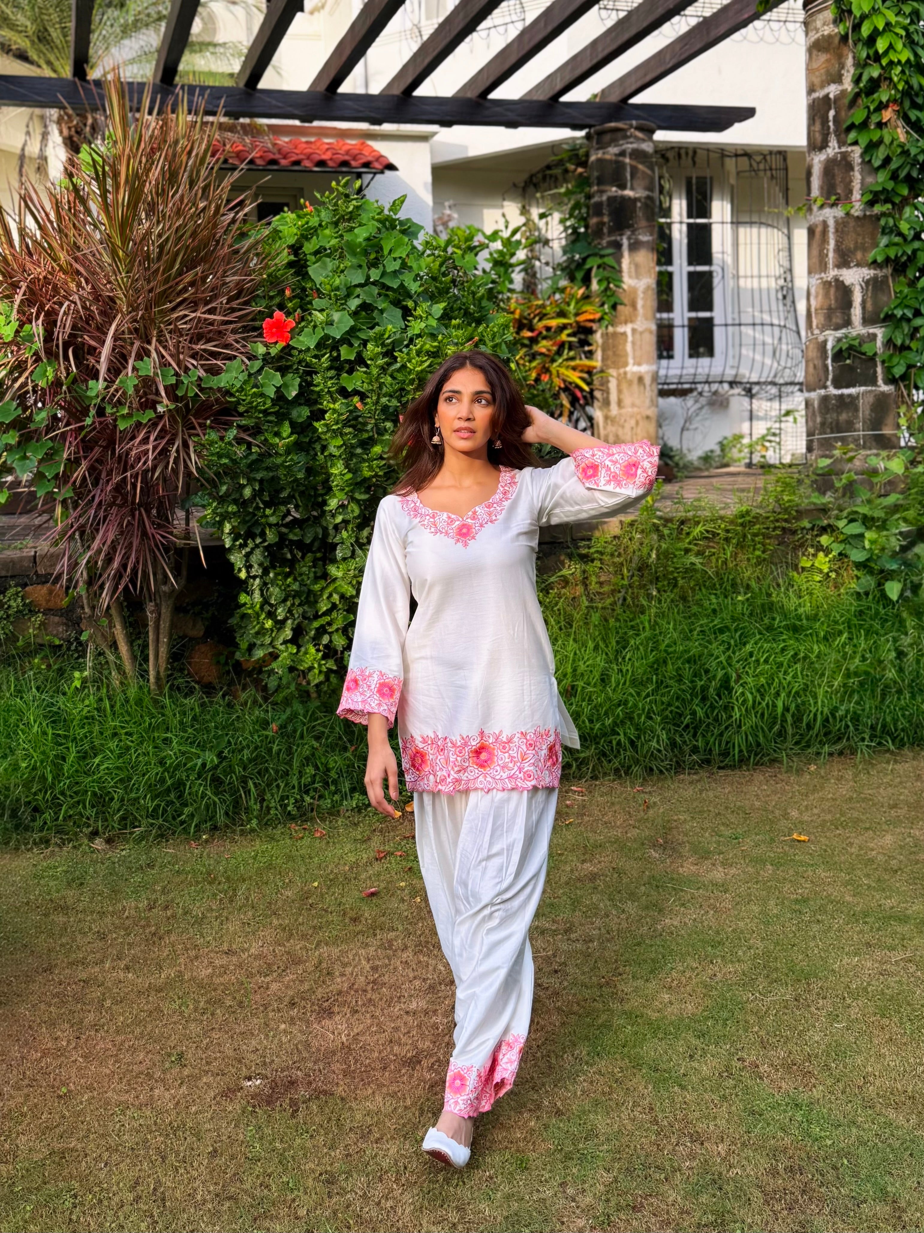 Yogita Bihani in SCARLET -  White Embroidered Co-ord Set