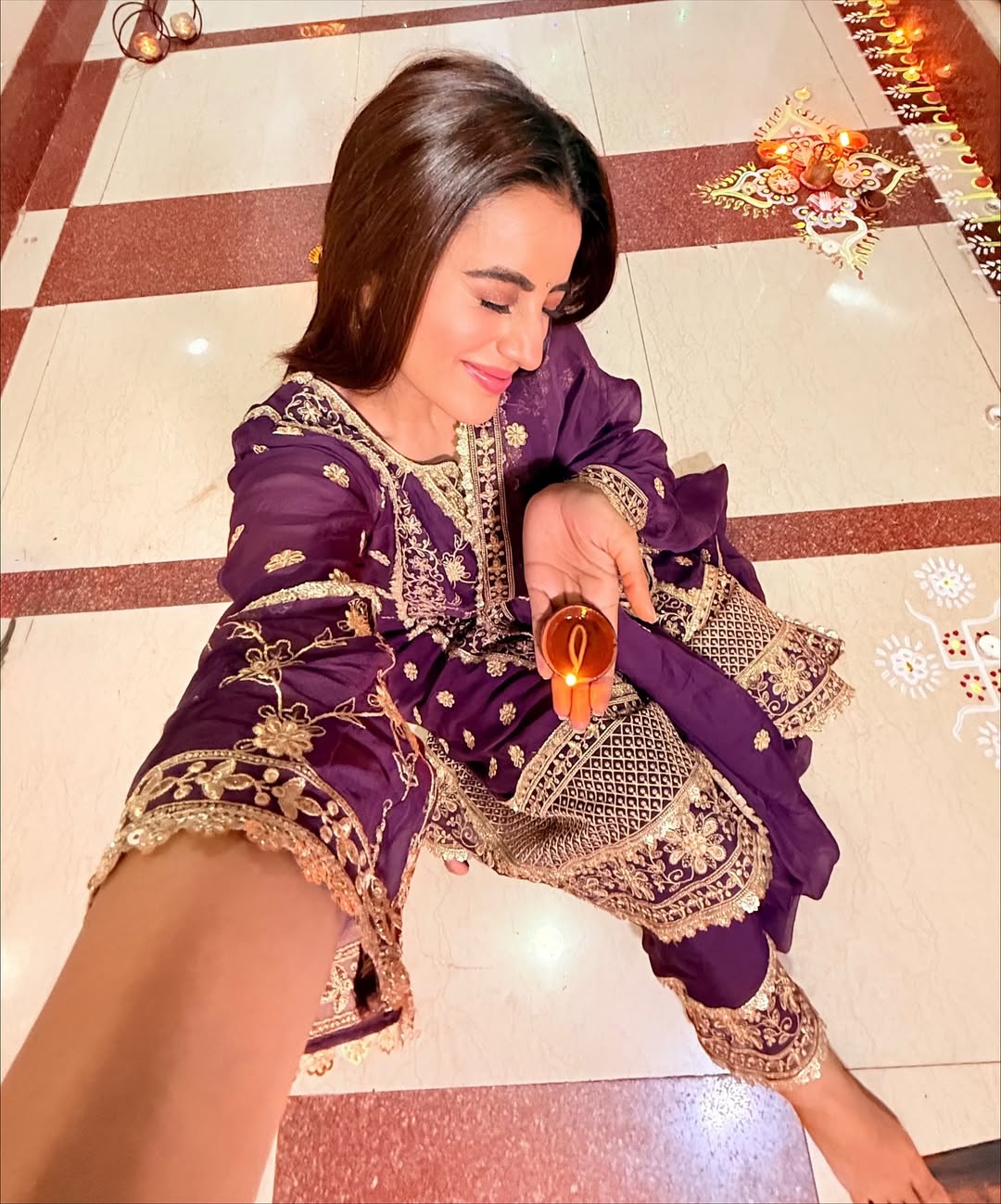 Akshara Singh in IRA - Purple Organza A-line Suit Set