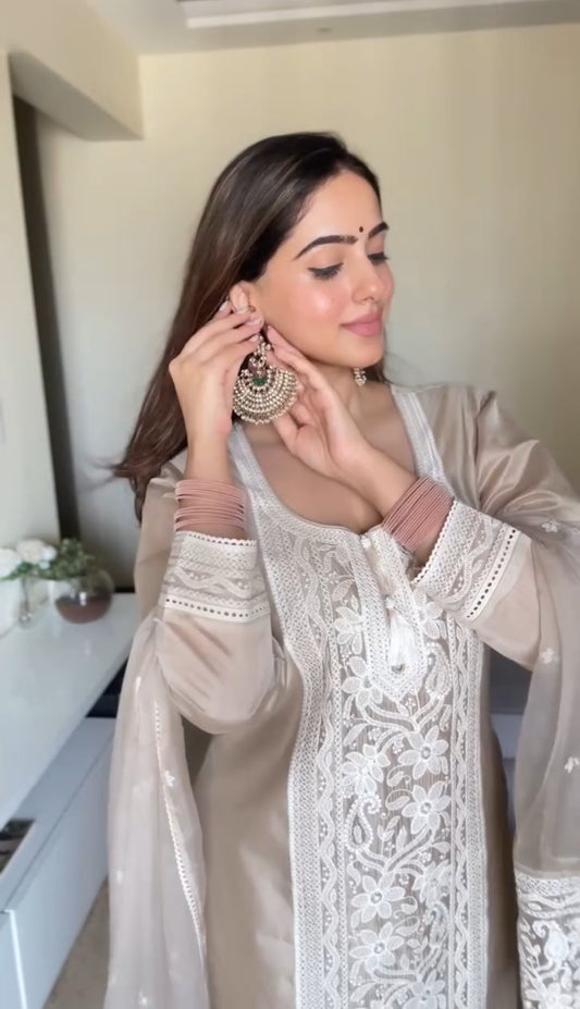Amita Singh in Hazel Beige Chanderi Suit Set