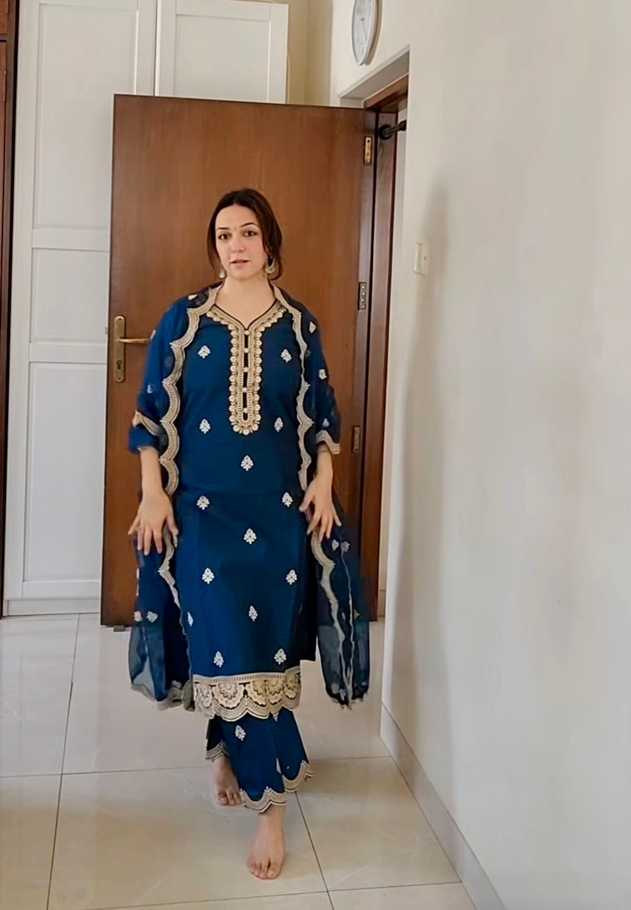 Nauheed Cyrusi in  Gul- Blue Embroidered Chanderi Suit Set