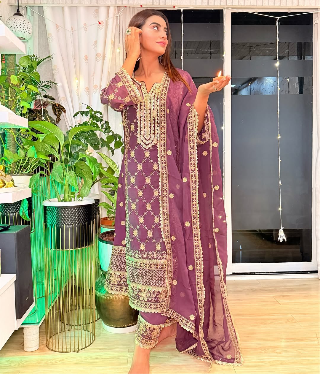 Akshara Singh in IRA - Purple Organza A-line Suit Set