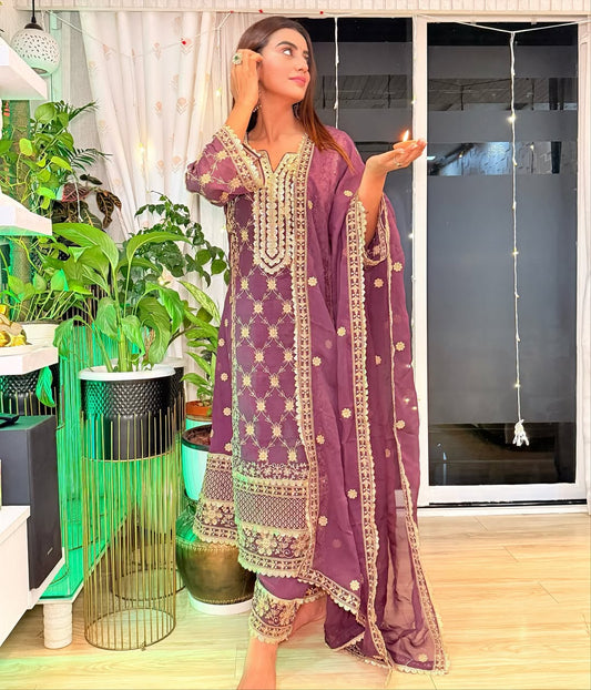 Akshara Singh in IRA - Purple Organza A-line Suit Set