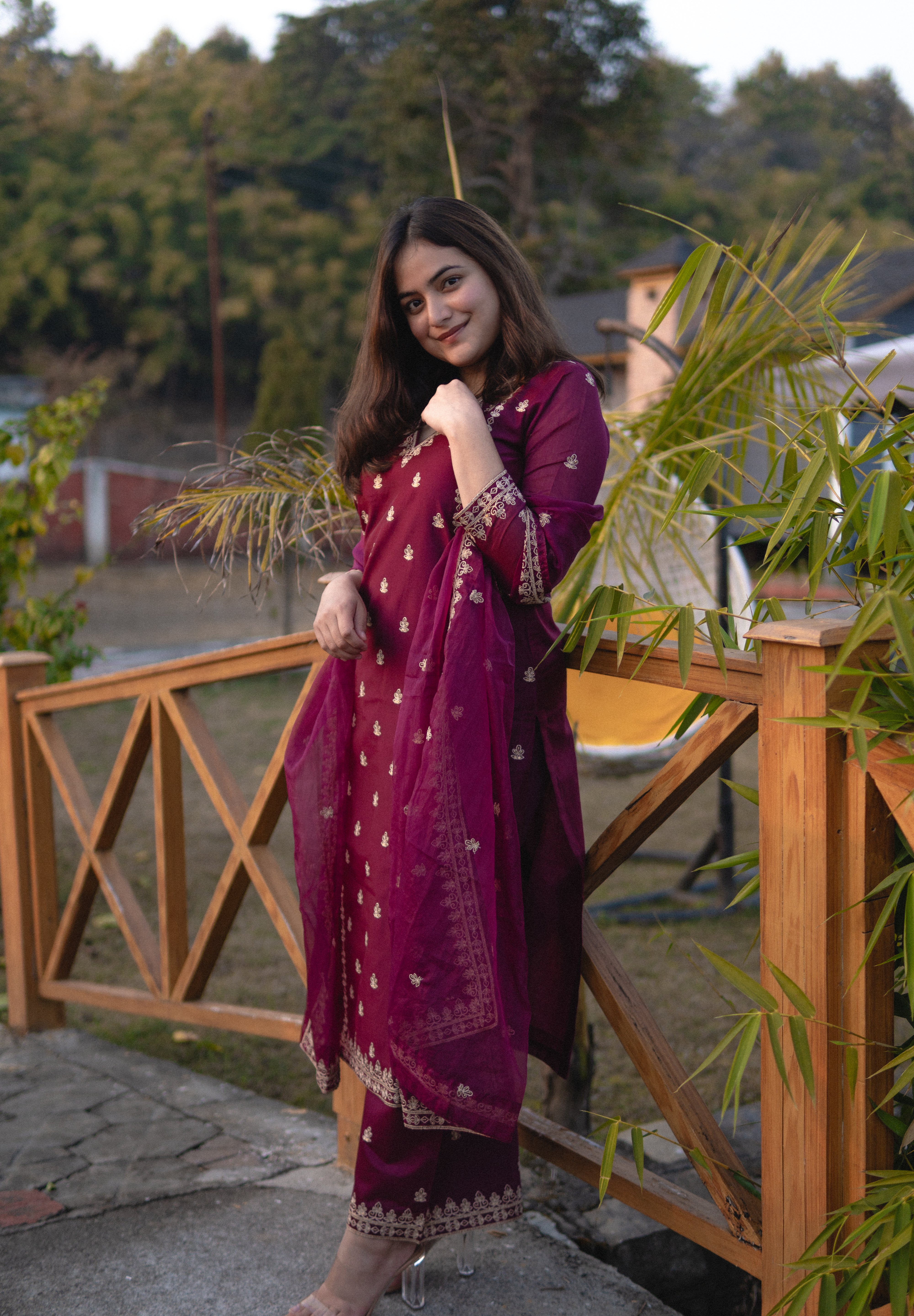 Shreyashi  Verma in Khushnir - Wine Chanderi Embroidered Suit Set