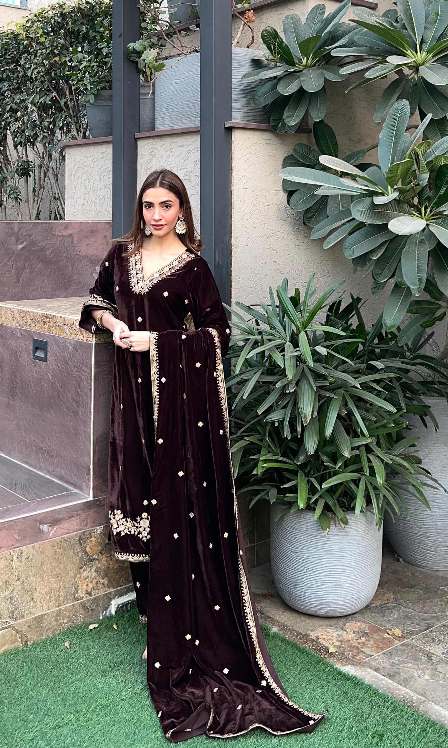 Shreya Lakhani in SWARA - Velvet Brown Straight Suit Set.