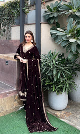 Shreya Lakhani in SWARA - Velvet Brown Straight Suit Set.