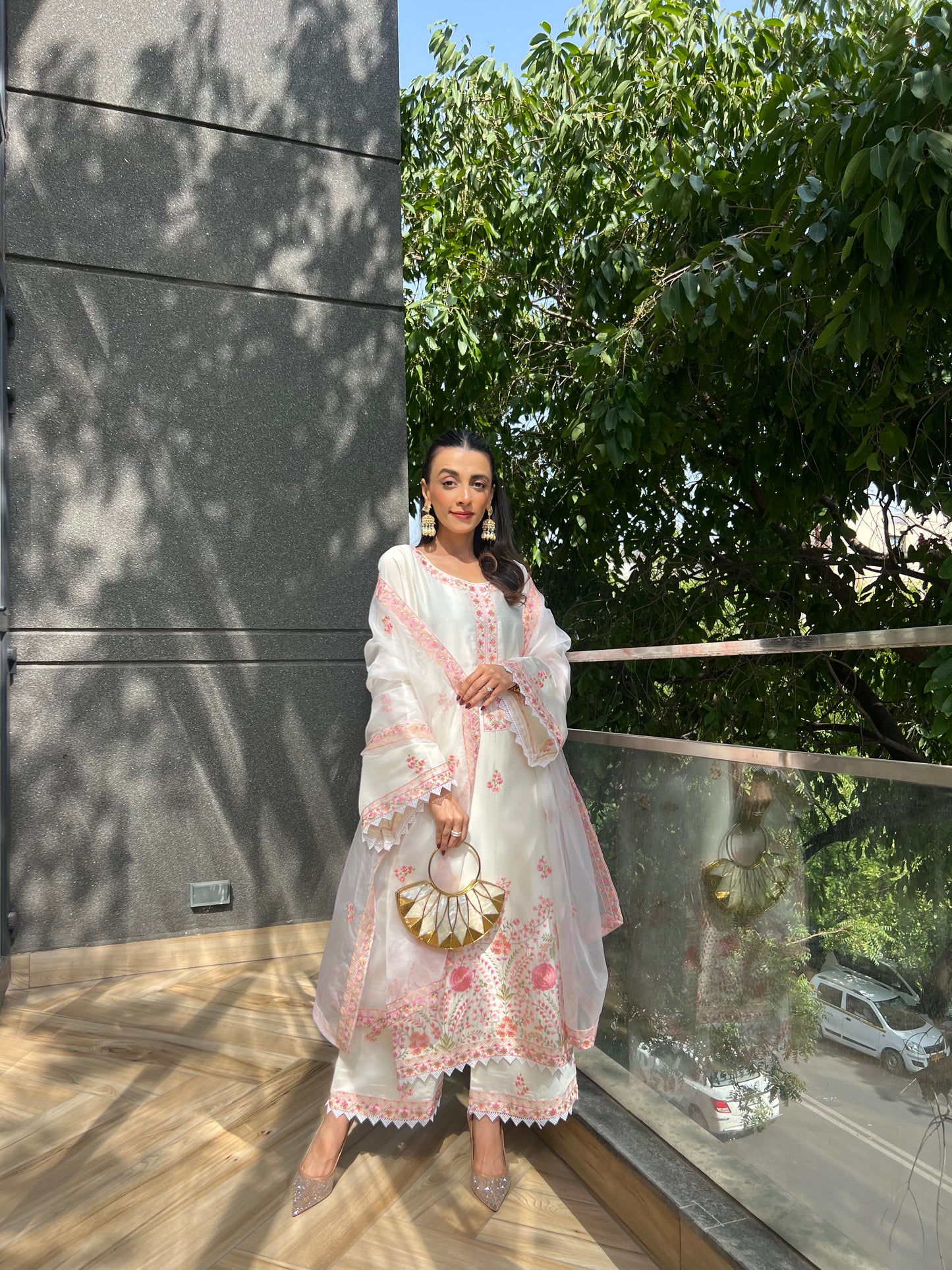 Mehak Jain in Gul-Khera - Ivory White Chanderi Embroidered Suit Set.