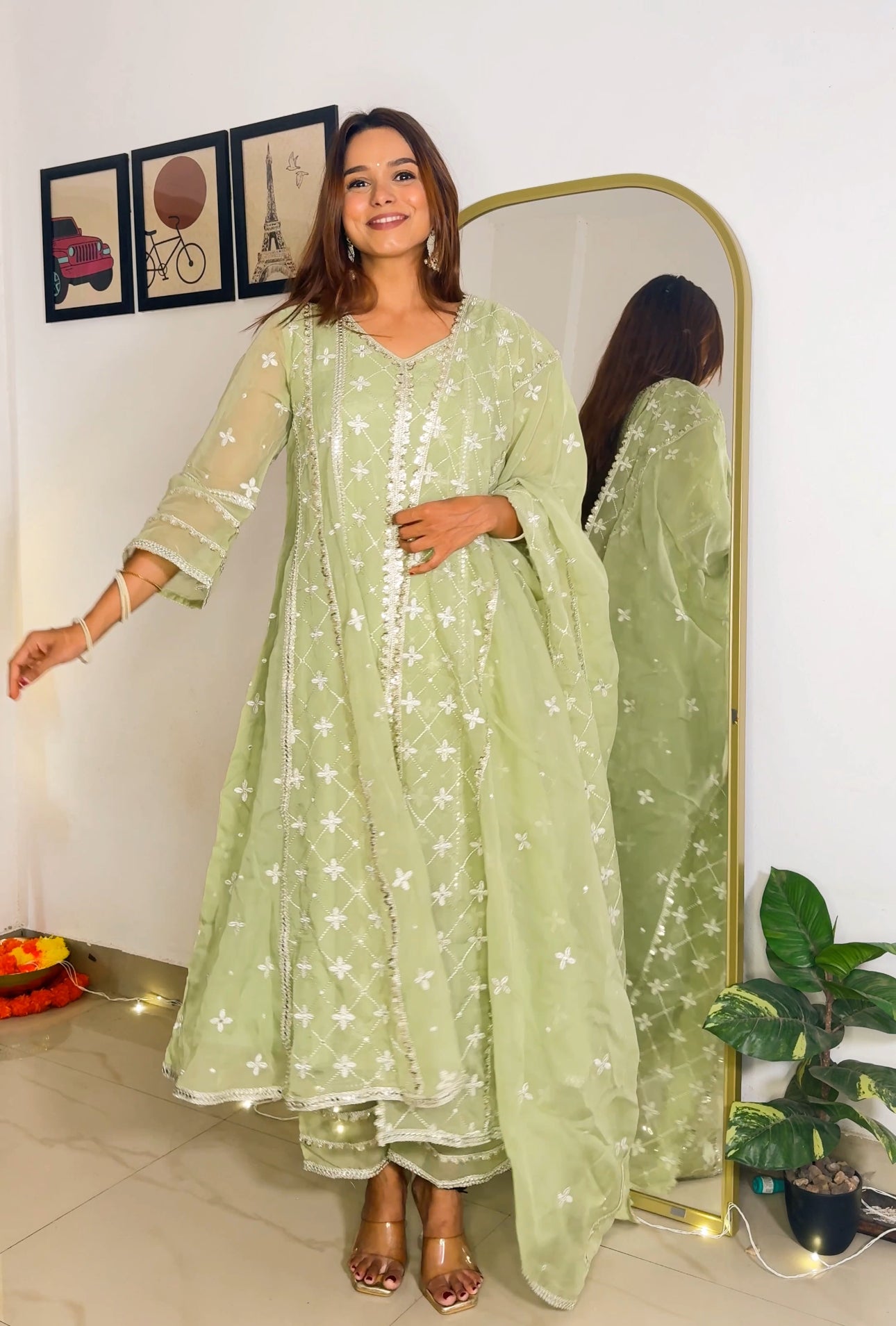 Hema Pandey in Chamak - Green Organza Anarkali Set.