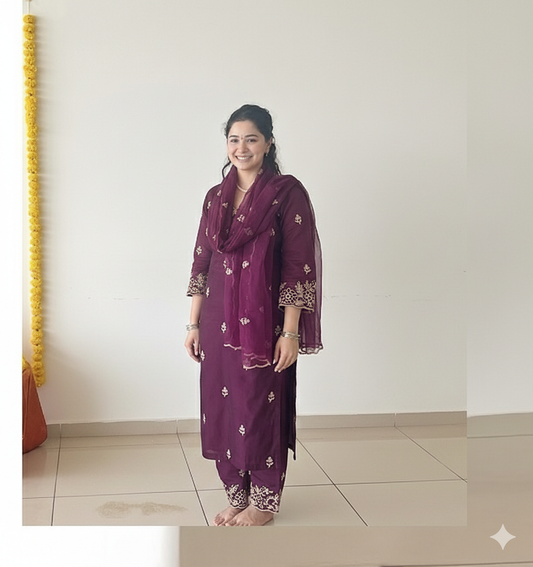 SARA TENDULKAR In Khila - Wine Chanderi Embroidered Suit Set