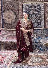 Shiana Kothari in SAAZ - Velvet Maroon Straight Suit Set.