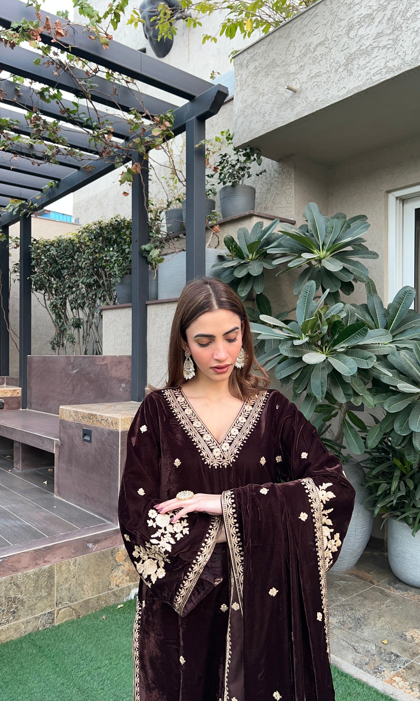 Shreya Lakhani in SWARA - Velvet Brown Straight Suit Set.