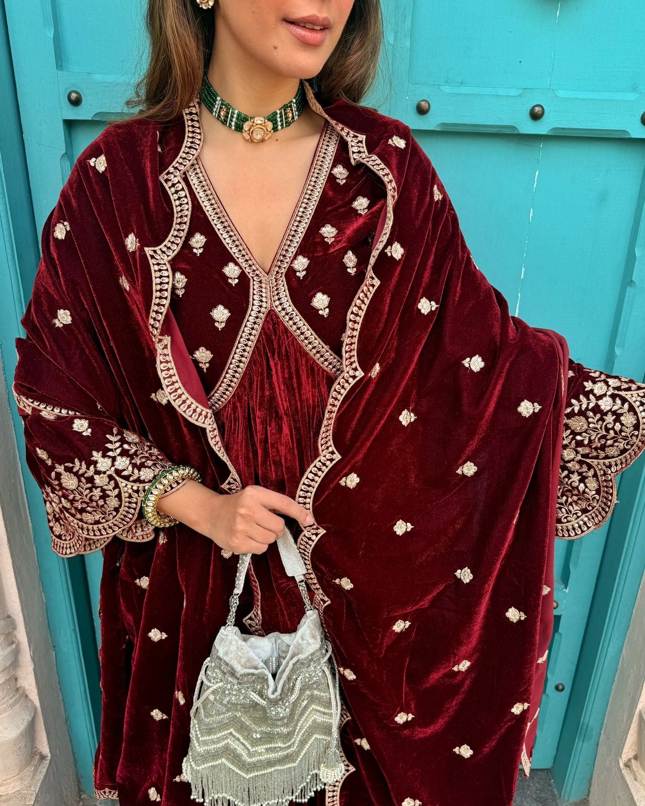 Niki Mehra (@nikimehra) ANTARA - Velvet Maroon Anarkali Set