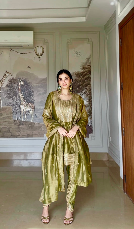 Evneet Kaur in ITRA - Olive Green Tissue-Organza Anarkali Set